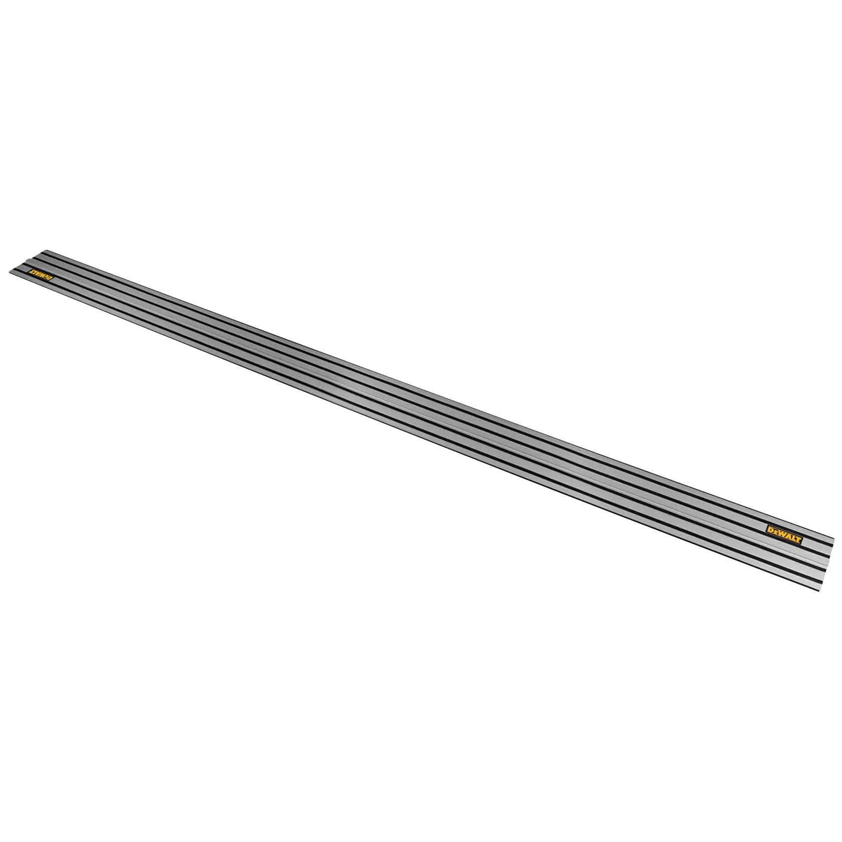 Long silver DEWALT guide rail for saws, with black lines and logo, isolated on a white background.
