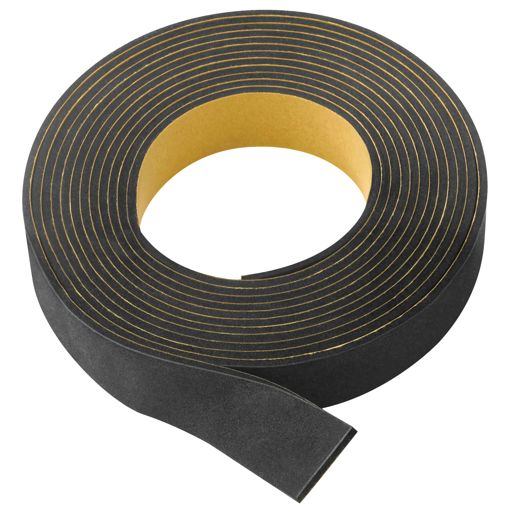 Roll of black adhesive foam tape with a yellow backing, used for sealing or insulation tasks.
