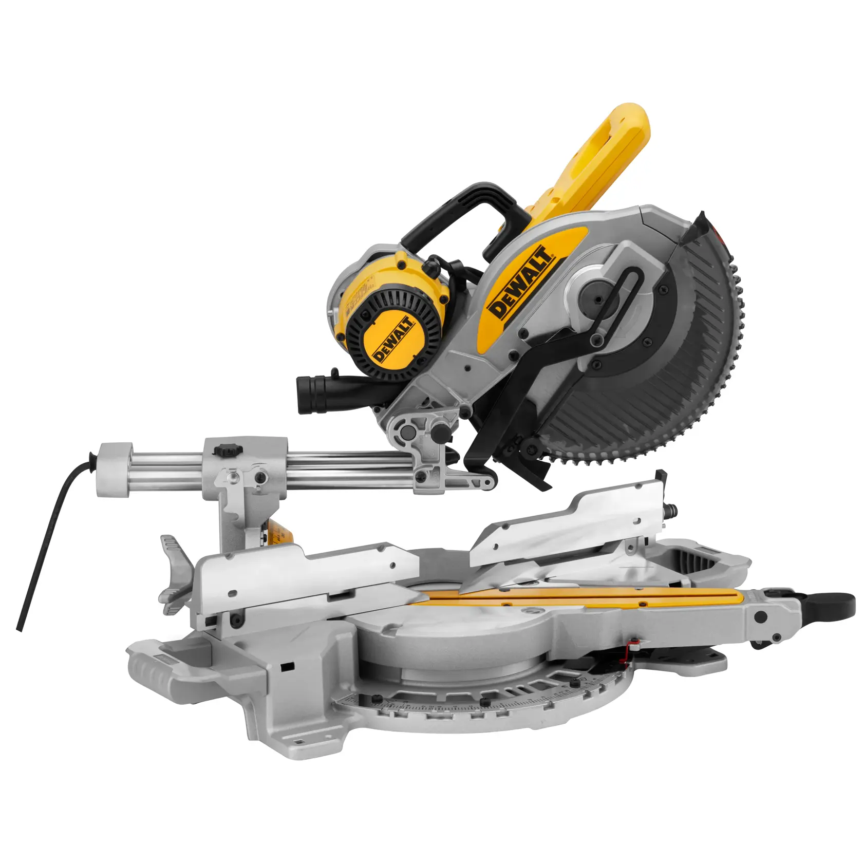 DEWALT Kapp- und Gehrungssäge mit gelbem Griff und silbernem Sockel, für Holzarbeiten und Präzisionsschnitte.