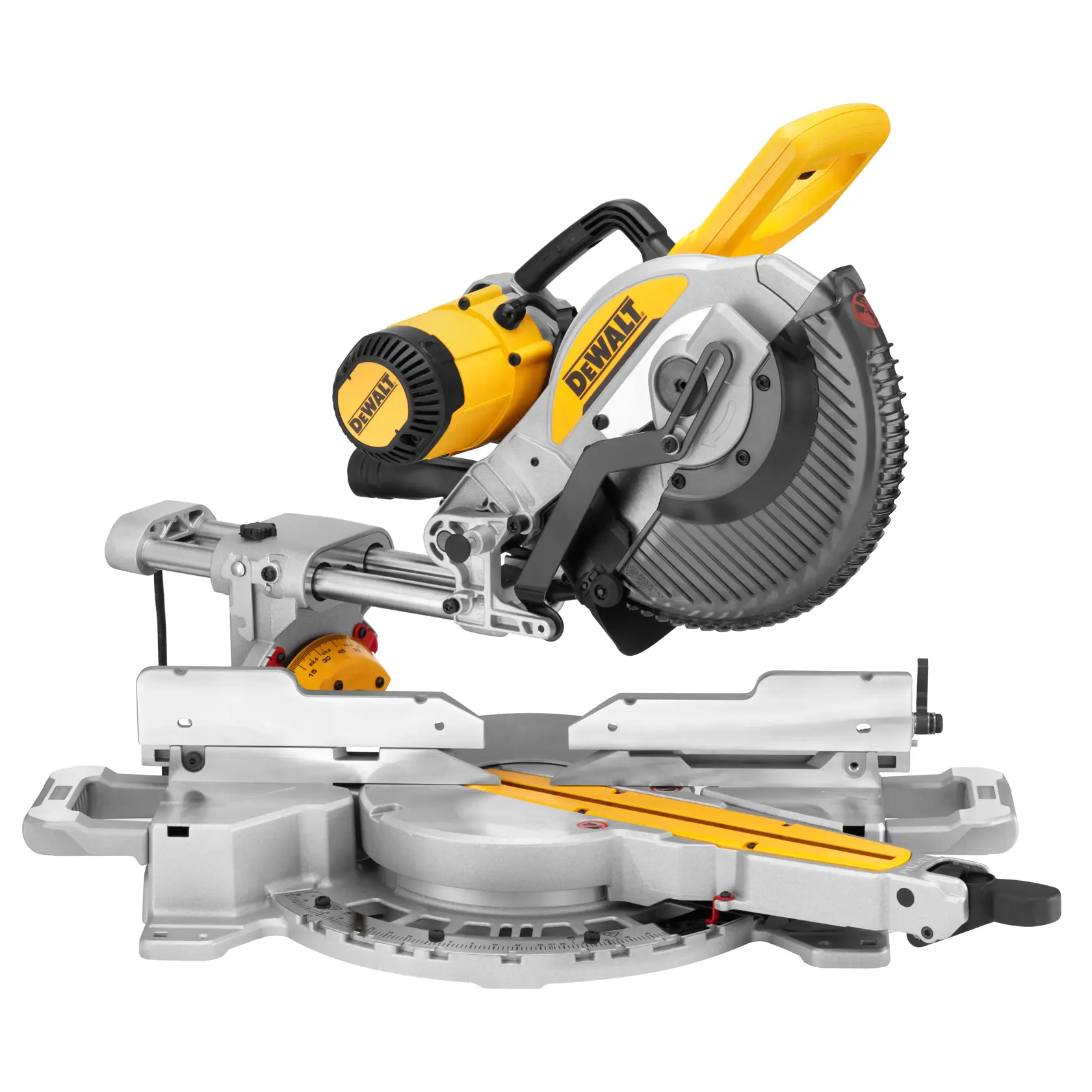 DEWALT DWS727 Kapp- und Gehrungssäge mit silberner Basis und gelbem Griff auf weißem Hintergrund.