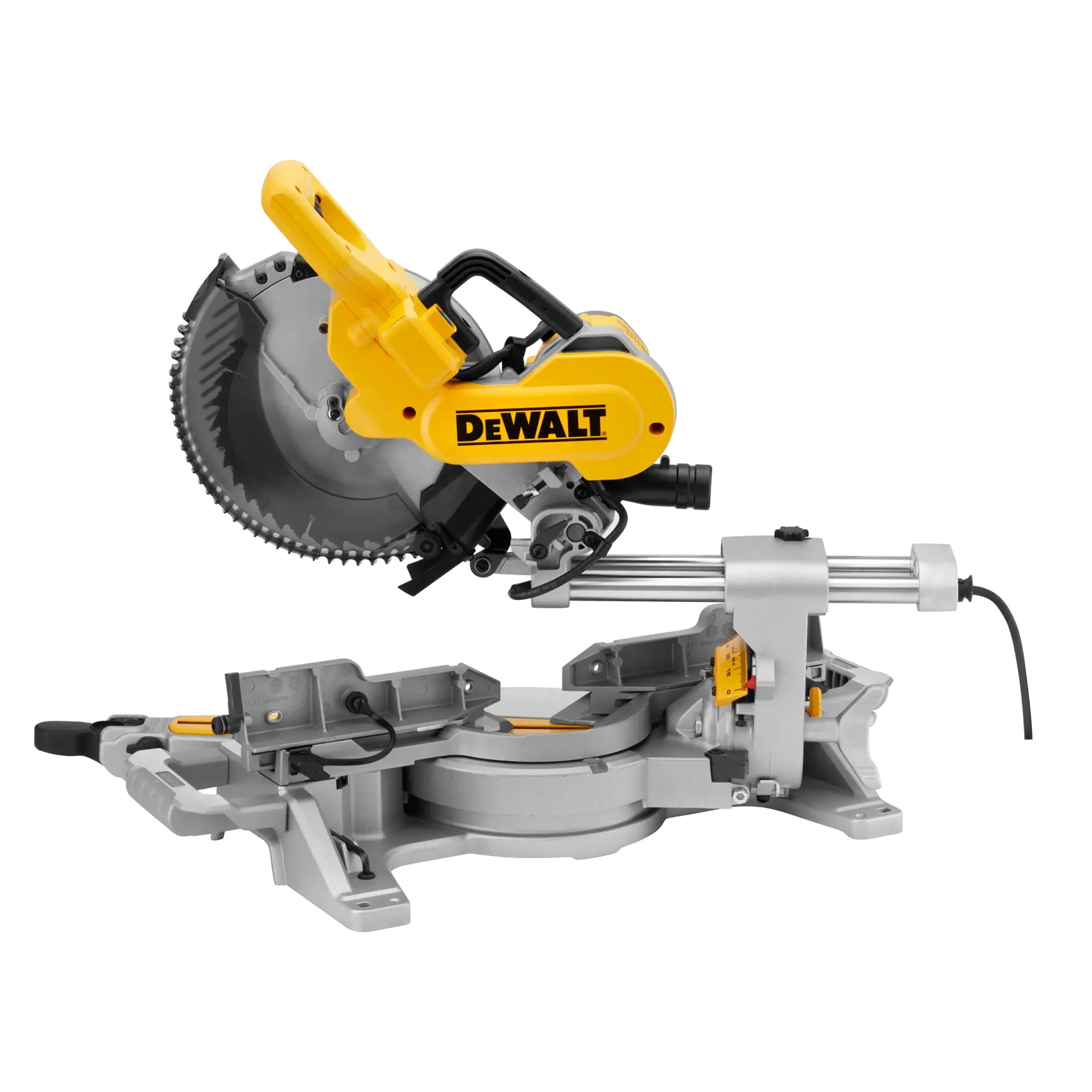 DEWALT DWS727 Kapp- und Gehrungssäge mit gelbem und silbernem Gehäuse für präzises Holzschneiden.