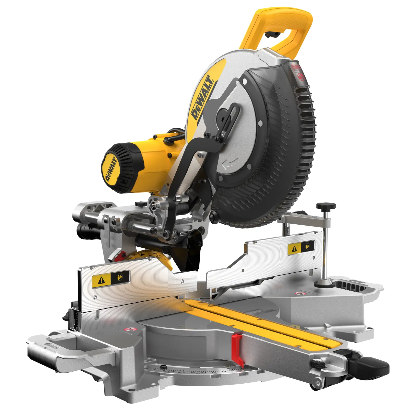 DEWALT DWS780, DWS780KIT miter saw used by worker cutting wood at construction site. Photography category.