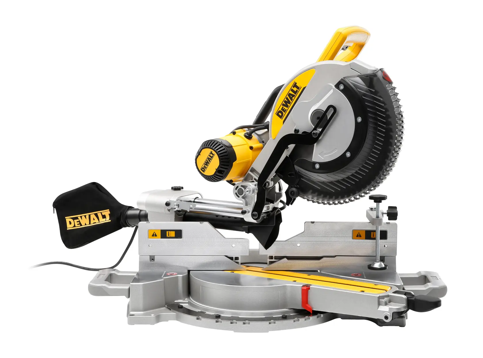 Una sierra ingletadora de doble arrastre DEWALT DWS780 con bolsa recolectora de polvo, con diseño amarillo y negro, utilizada para trabajos precisos de carpintería y corte.