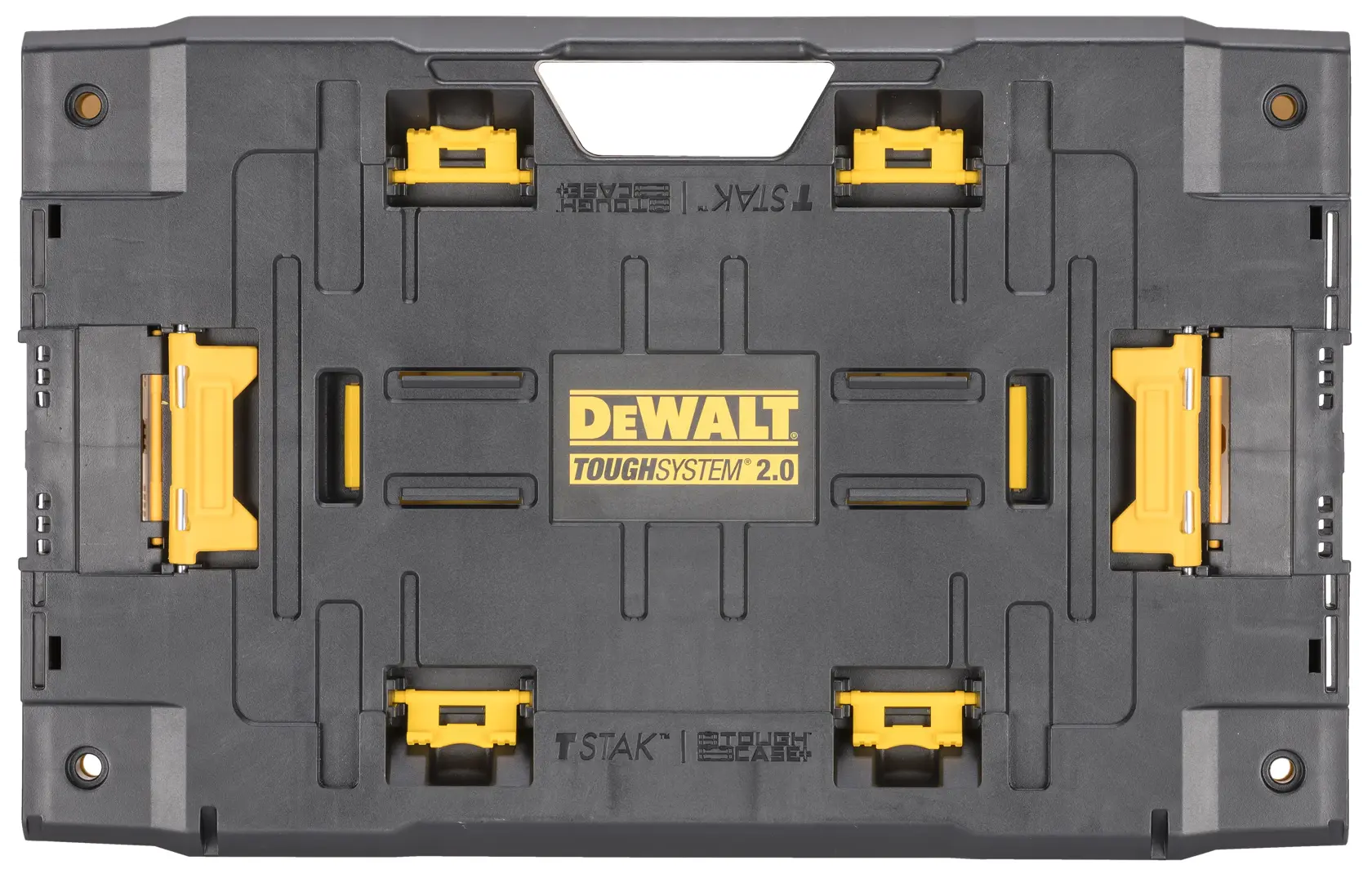DEWALT ToughSystem 2.0 black tool storage box with yellow latches and handle, shown from the top view.