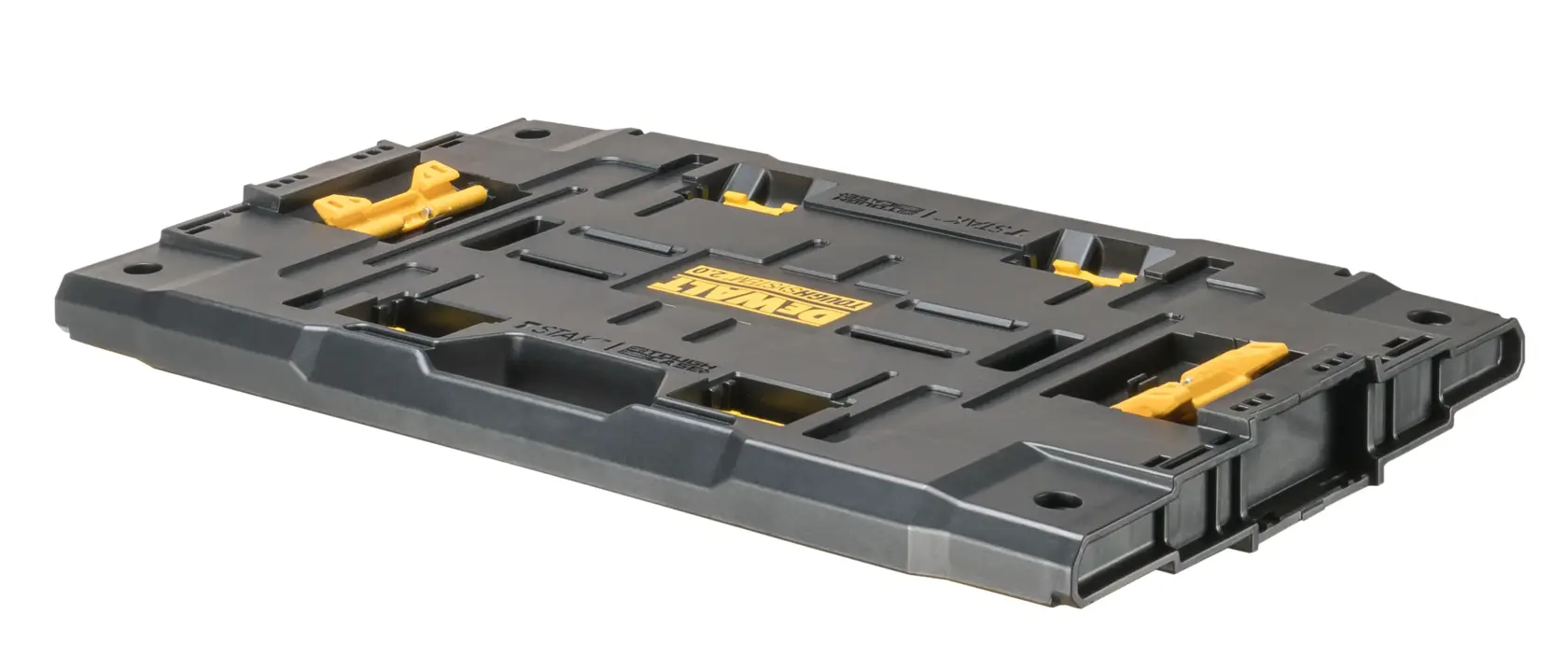 Flat black DEWALT photography case with yellow accents, durable plastic, secure latches, designed for tool storage.