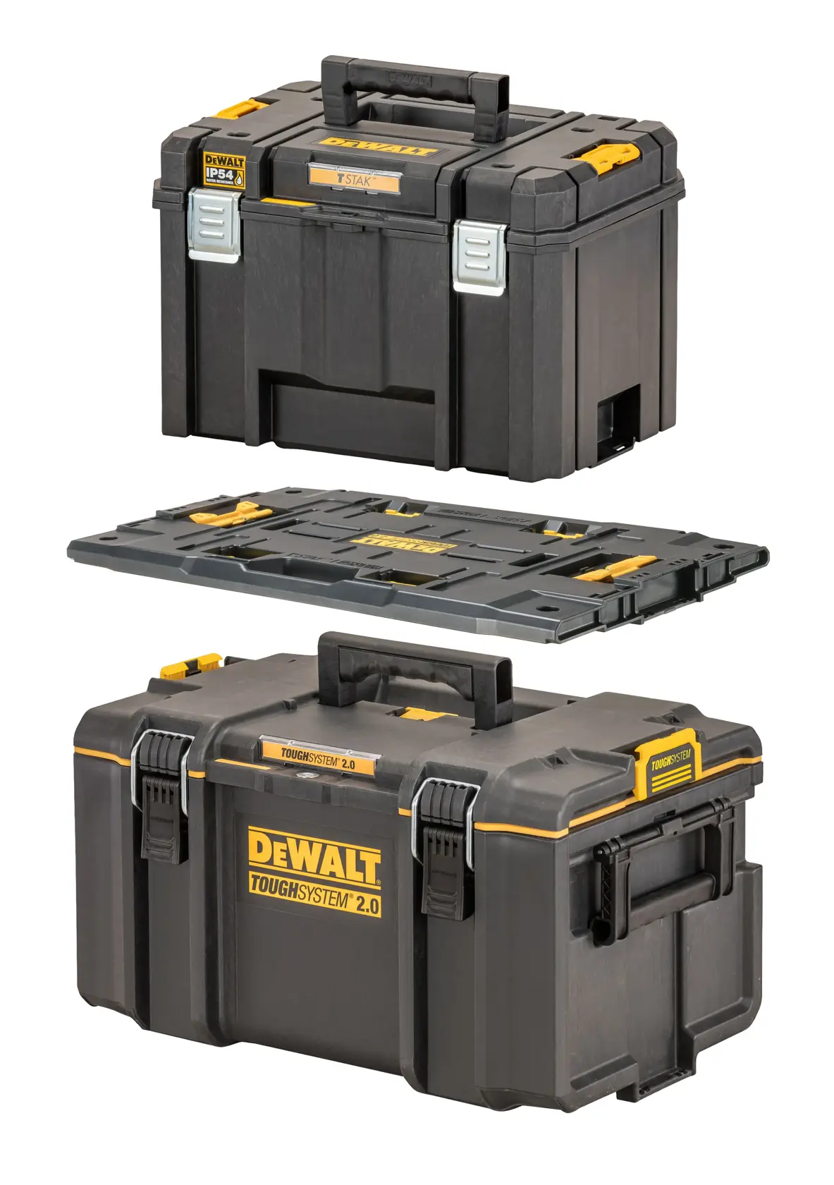 Three DEWALT black and yellow tool storage boxes, stacked, with handles and sturdy latches.