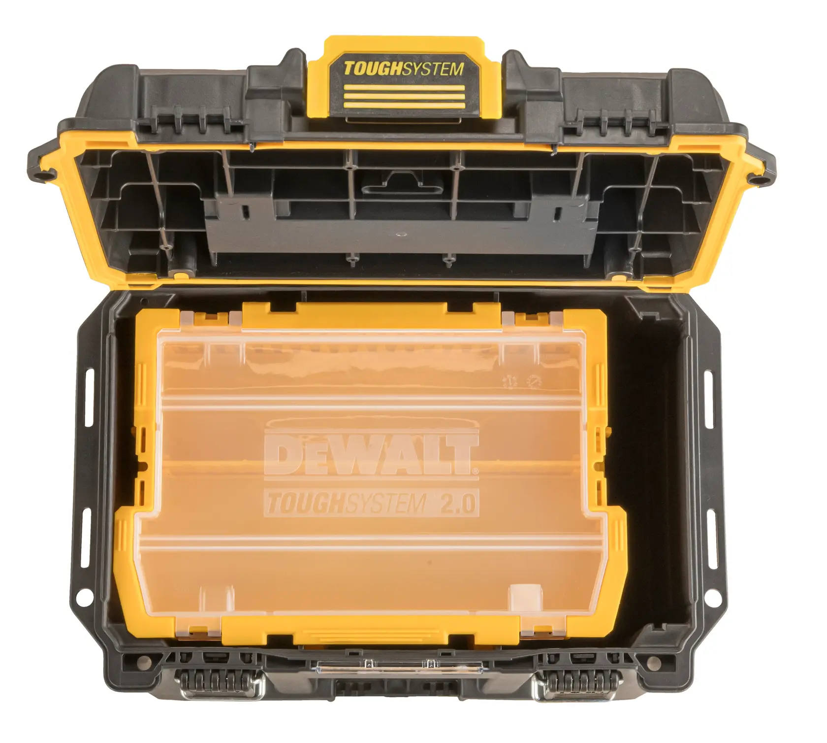 Photo of DEWALT DWST08035-1 yellow and black organizer box with clear lid, open, top view.
