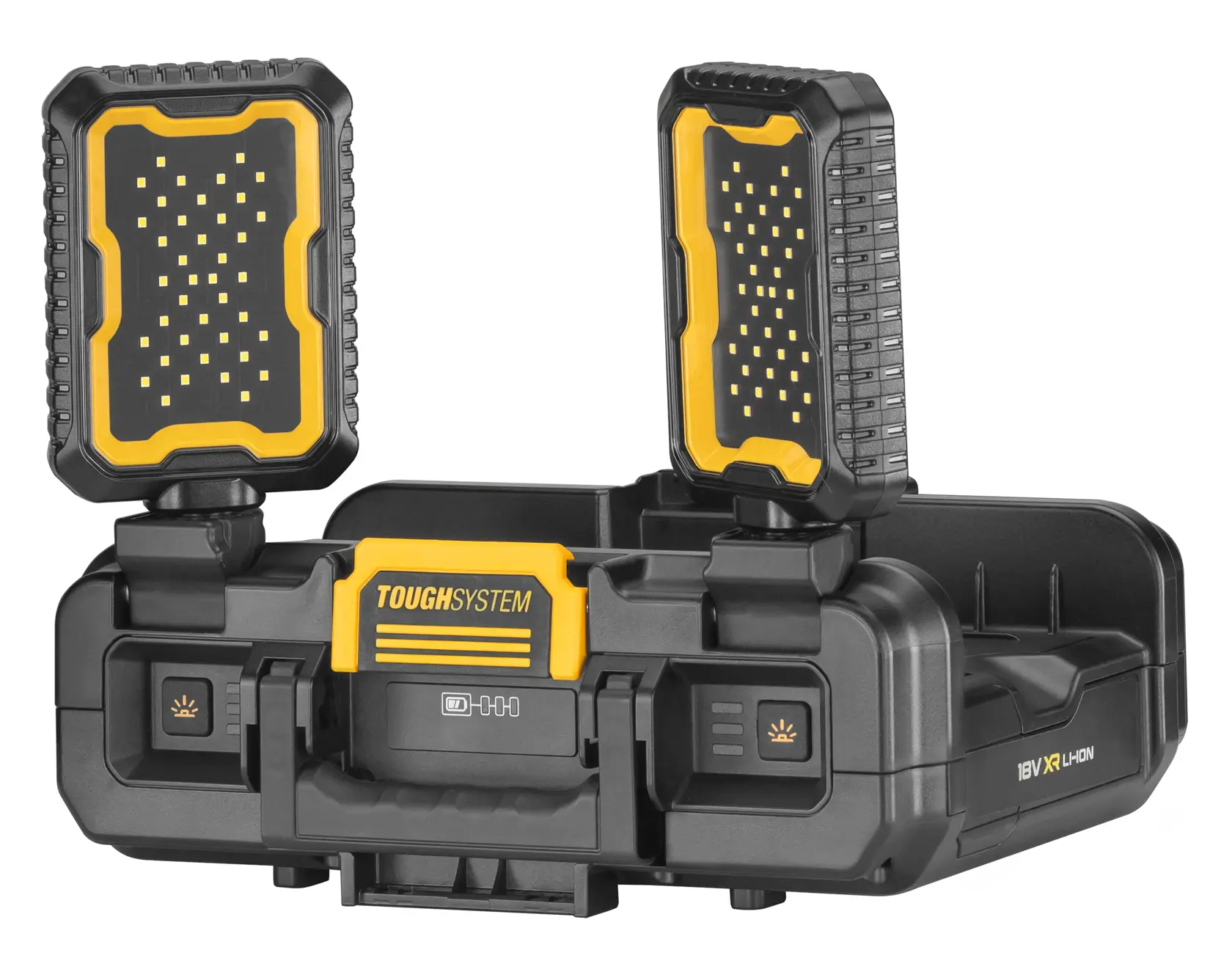Graphique promotionnel DEWALT ToughSystem 2.0 avec le slogan 'Storage Built to Handle It' en grandes lettres jaunes sur un fond sombre texturé.