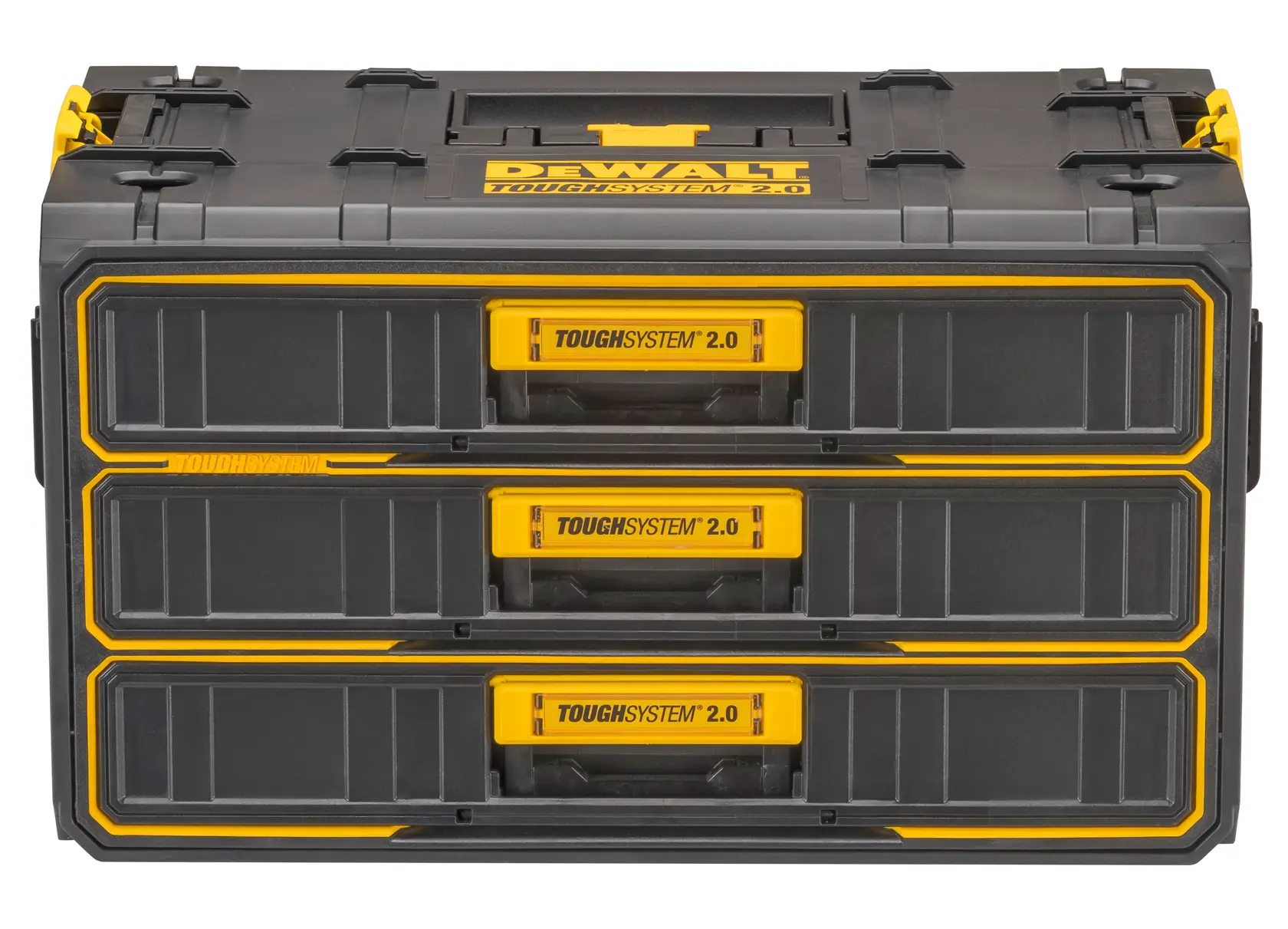 DEWALT ToughSystem 2.0 promotional graphic with the slogan 'Storage Built to Handle It' in large, bold yellow lettering on a dark, textured background.