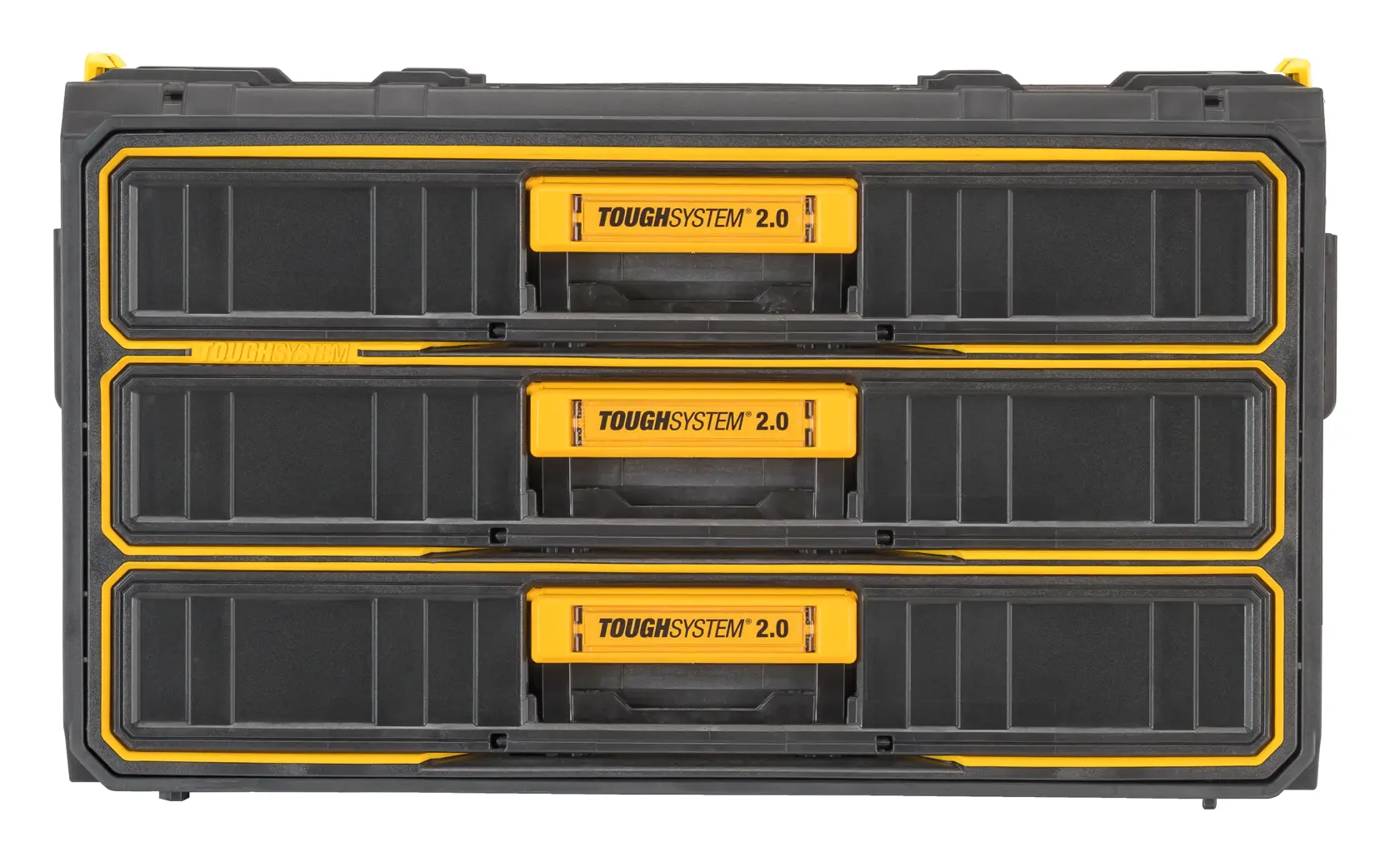 Graphique promotionnel DEWALT ToughSystem 2.0 avec le slogan 'Storage Built to Handle It' en grandes lettres jaunes sur un fond sombre texturé.