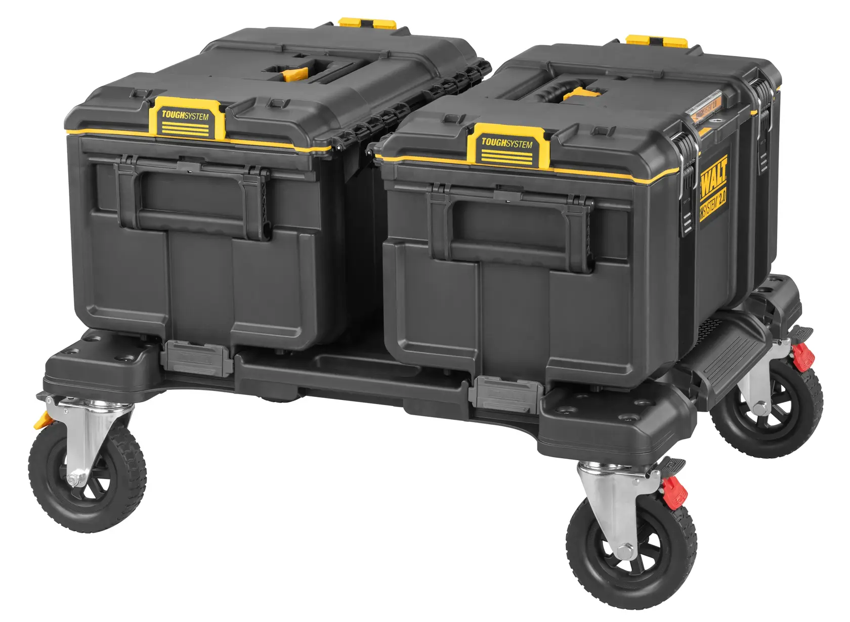 Graphique promotionnel DEWALT ToughSystem 2.0 avec le slogan 'Storage Built to Handle It' en grandes lettres jaunes sur un fond sombre texturé.