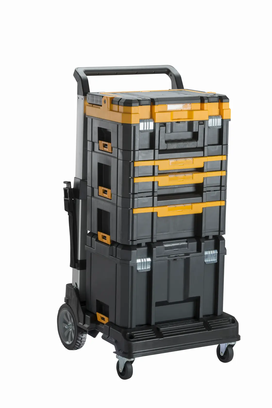DEWALT stackable tool storage trolley with multiple black and yellow boxes and wheels.