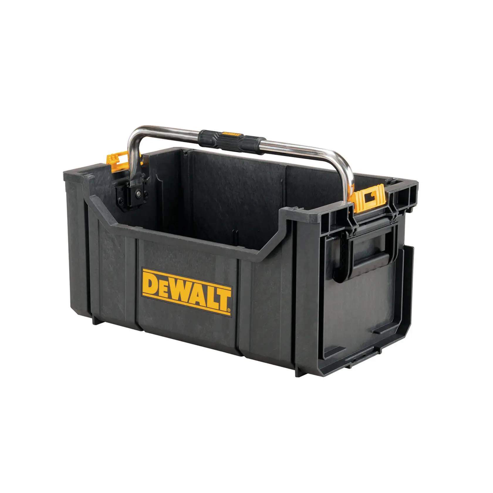 DEWALT ToughSystem 2.0 promotional graphic with the slogan 'Storage Built to Handle It' in large, bold yellow lettering on a dark, textured background.