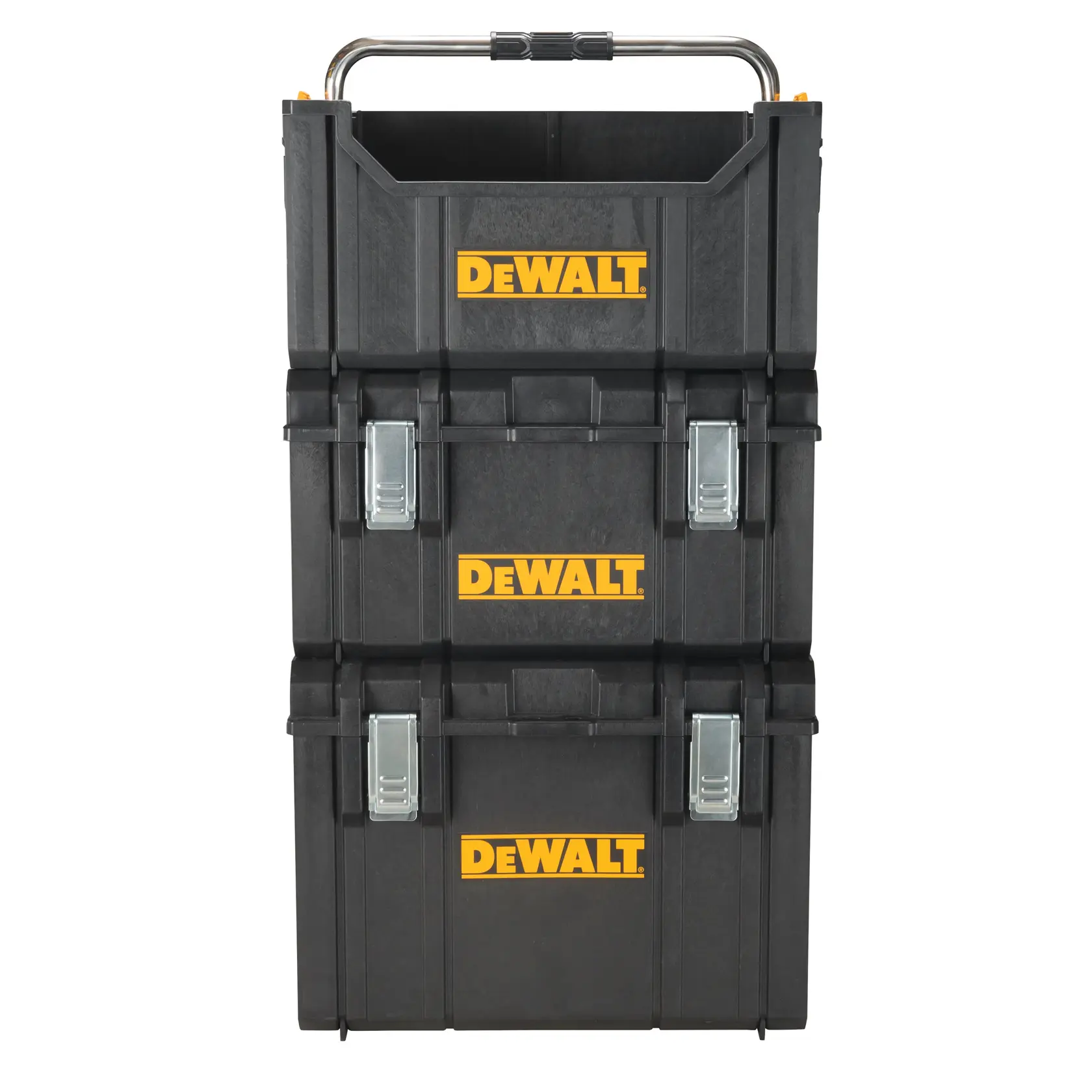Graphique promotionnel DEWALT ToughSystem 2.0 avec le slogan 'Storage Built to Handle It' en grandes lettres jaunes sur un fond sombre texturé.