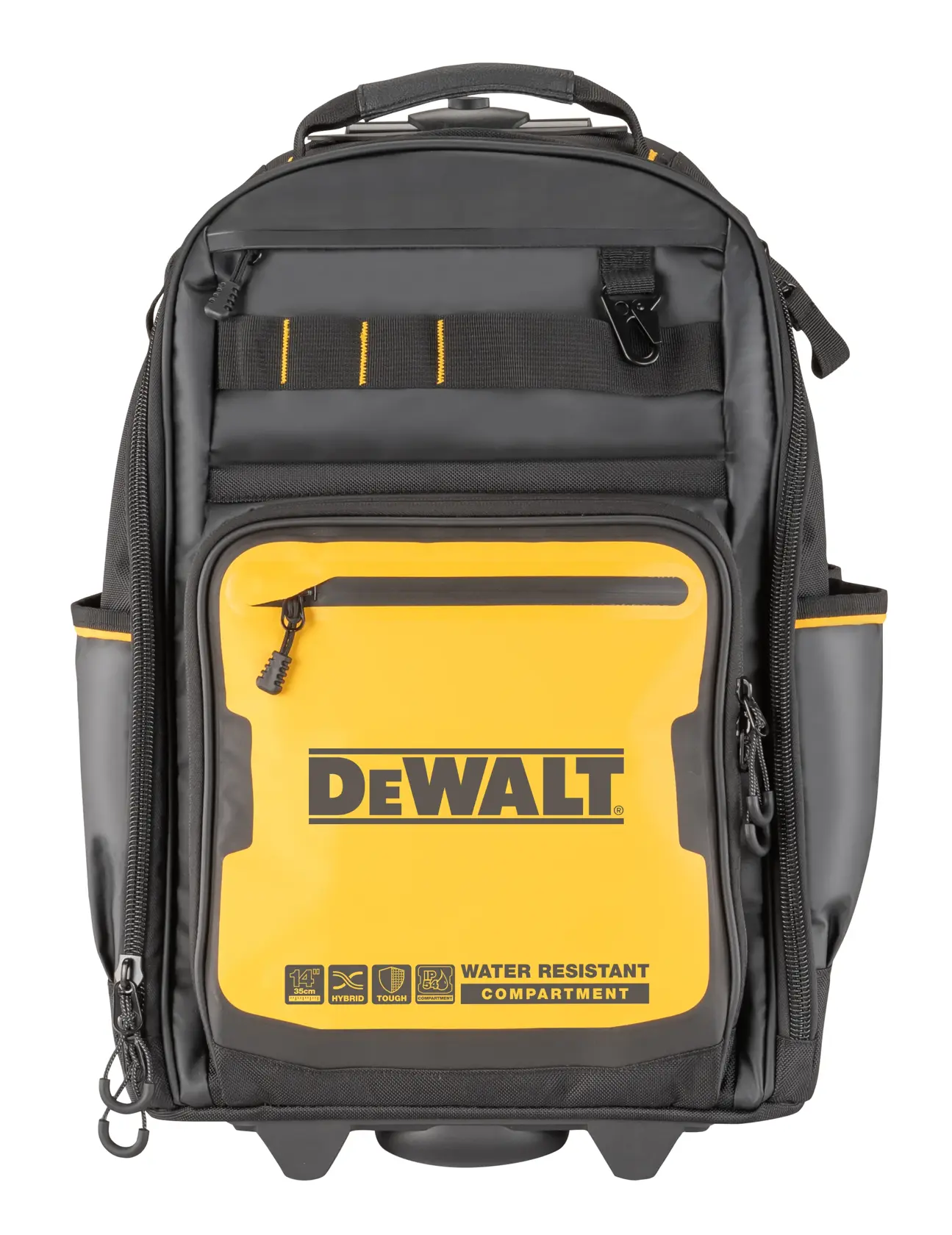 DEWALT black and yellow photography backpack with water resistant front compartment and multiple pockets.