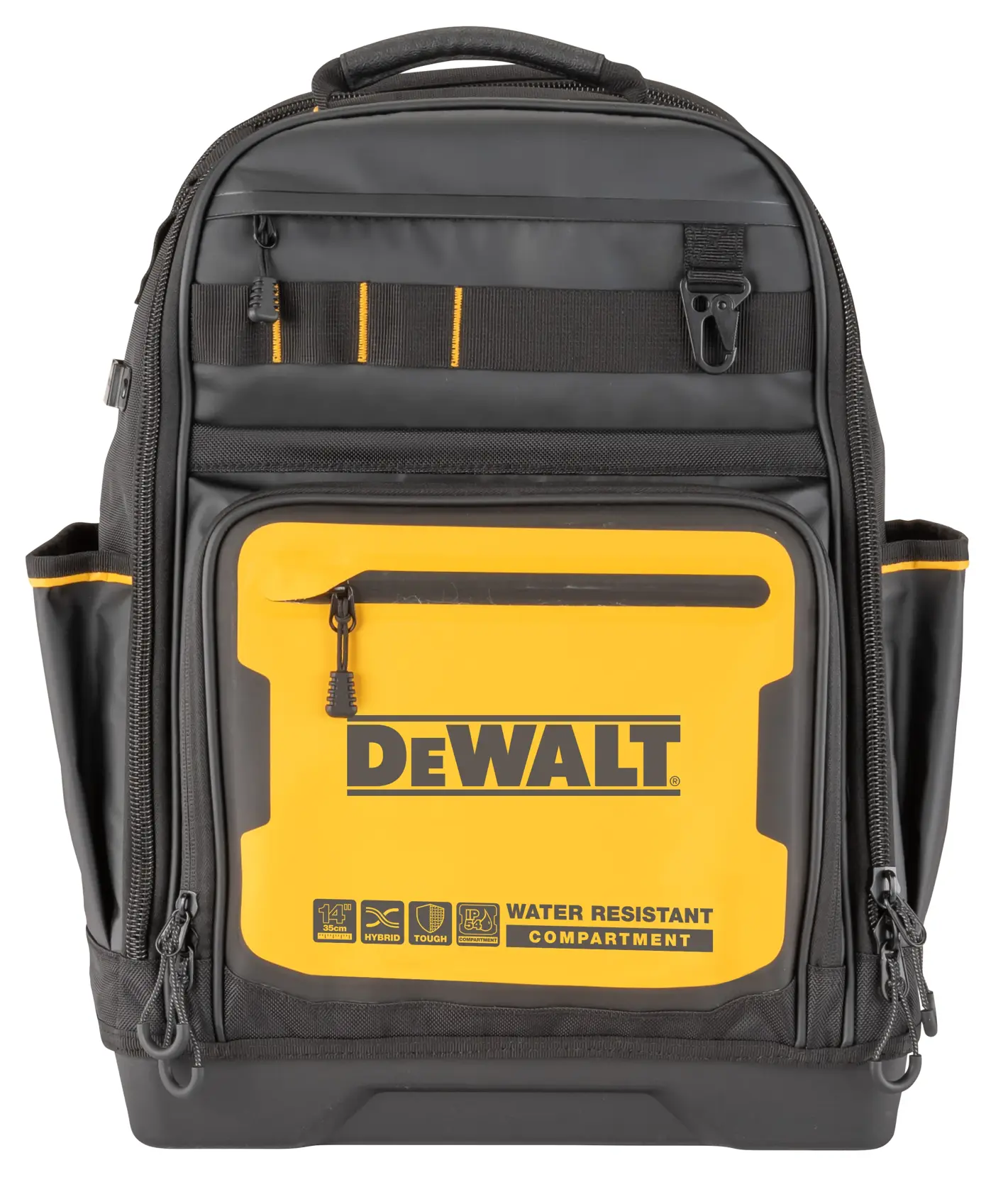 DEWALT black and yellow photography backpack with water resistant compartment and multiple pockets.