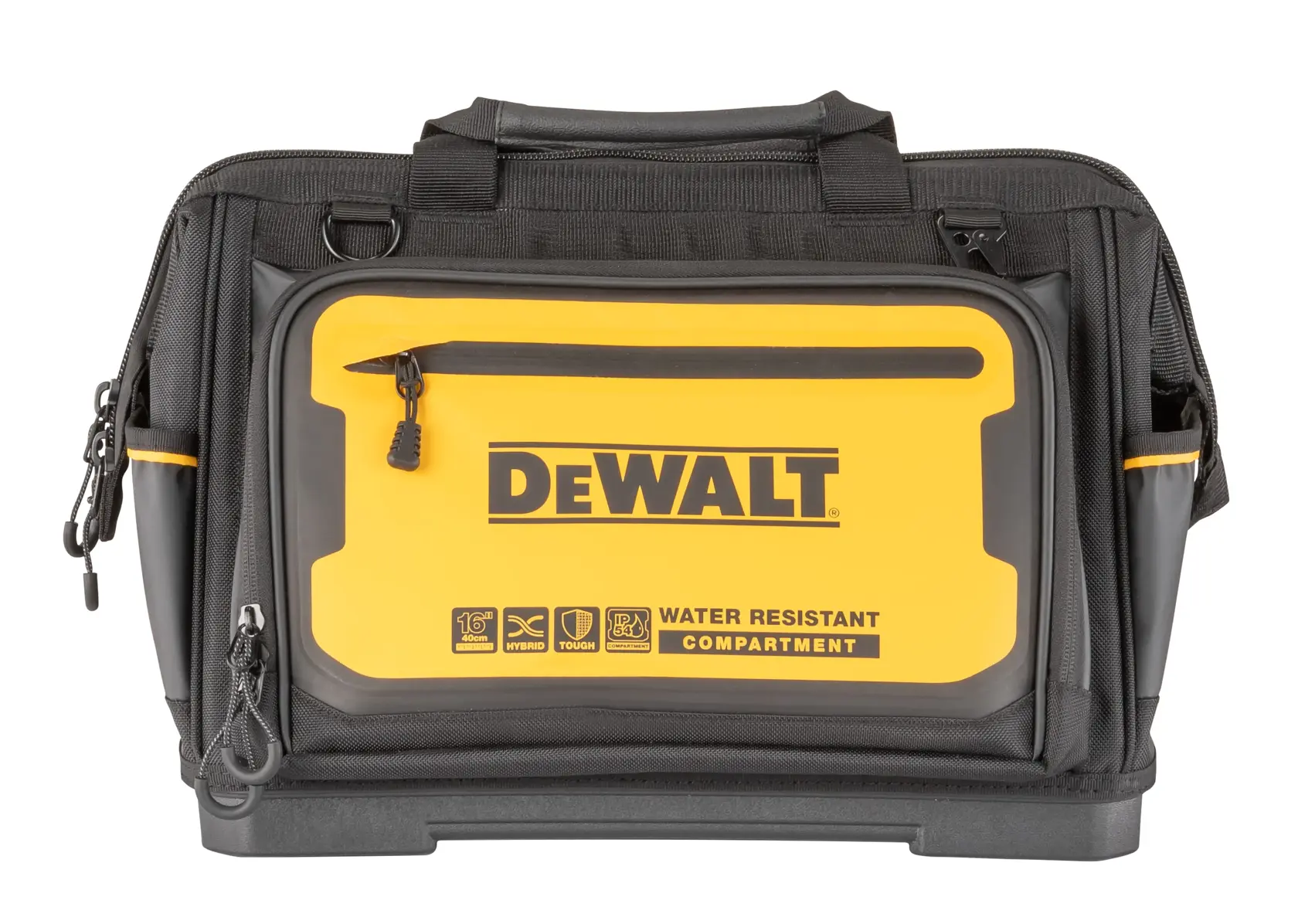 DEWALT black and yellow tool bag with water resistant compartment and zippered pockets.