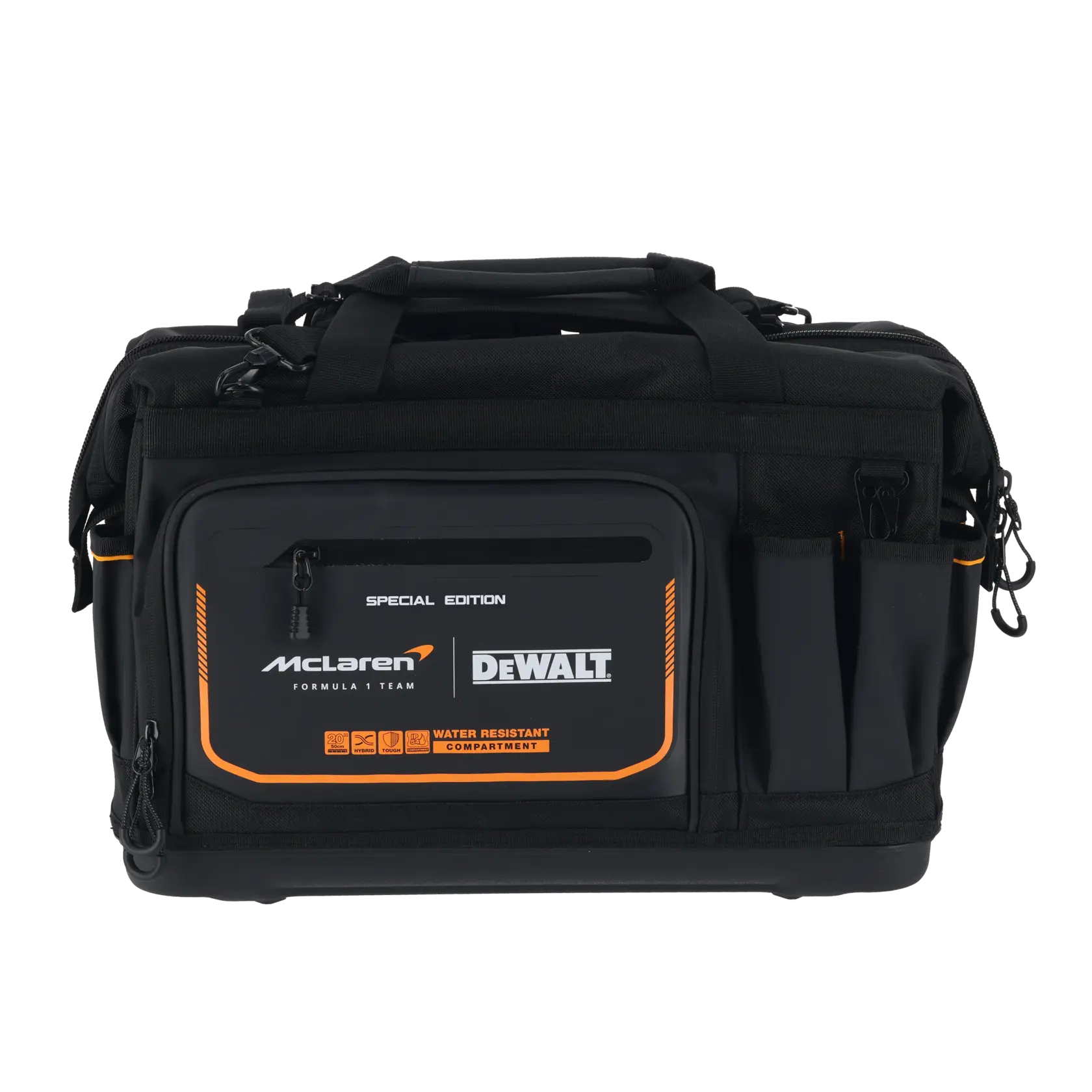 Black DEWALT tool bag with McLaren branding, multiple compartments, water-resistant, front zip pocket.