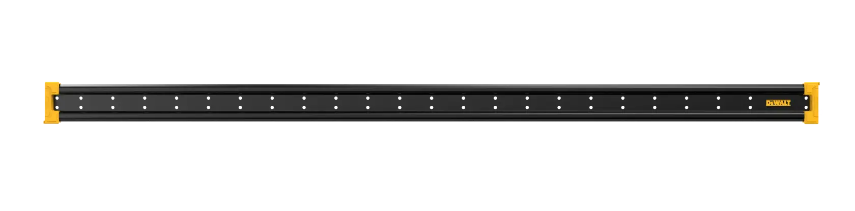 DEWALT black metal wall-mounted tool organizer rail with yellow ends.