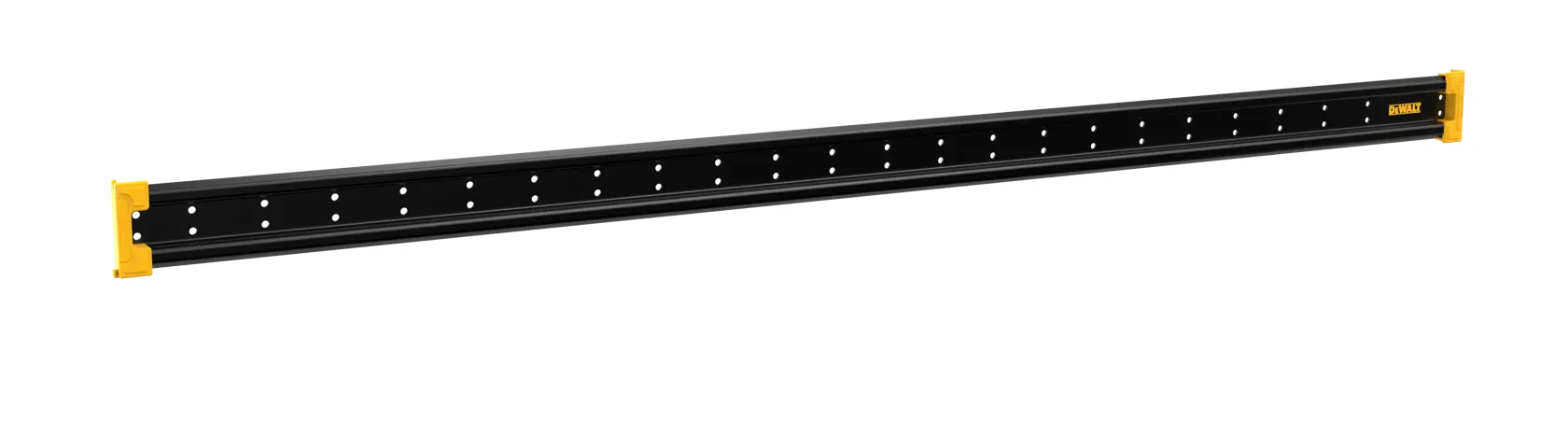 Black DEWALT wall rail with yellow ends, metal construction, mounting holes, used for tool storage organization.