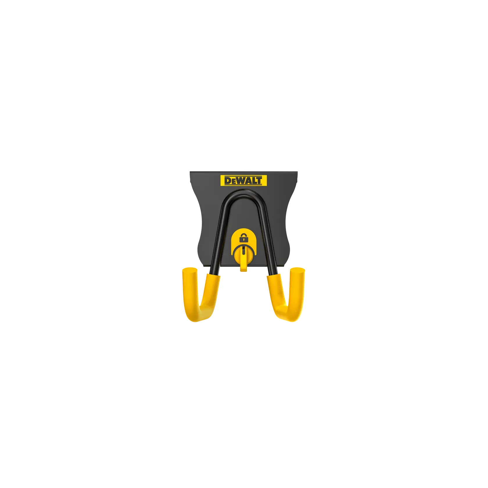 DEWALT DWST82805 wall-mounted hook with yellow-coated arms for organizing tools or equipment.