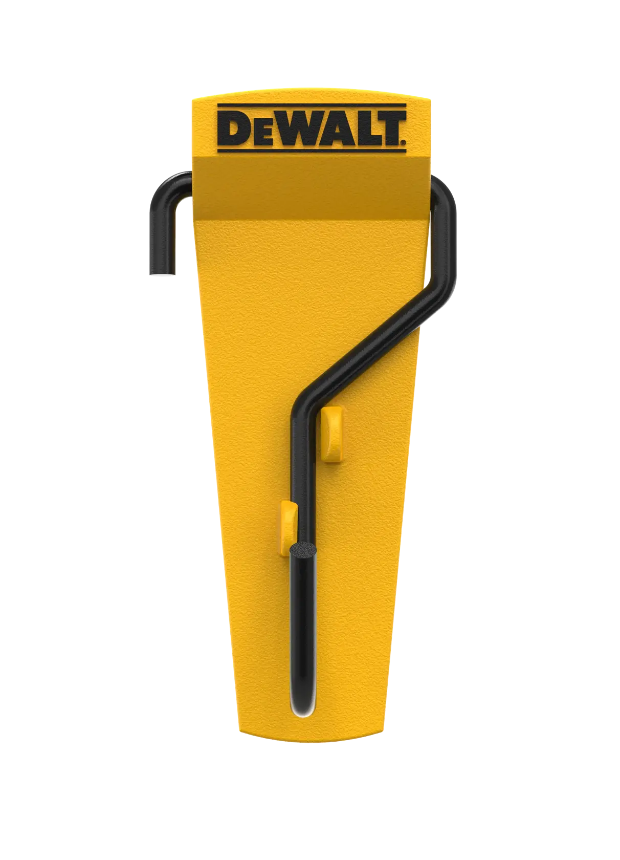 Yellow DEWALT wall mount hook for tool storage, features black metal hook and branded top. Vertical orientation.