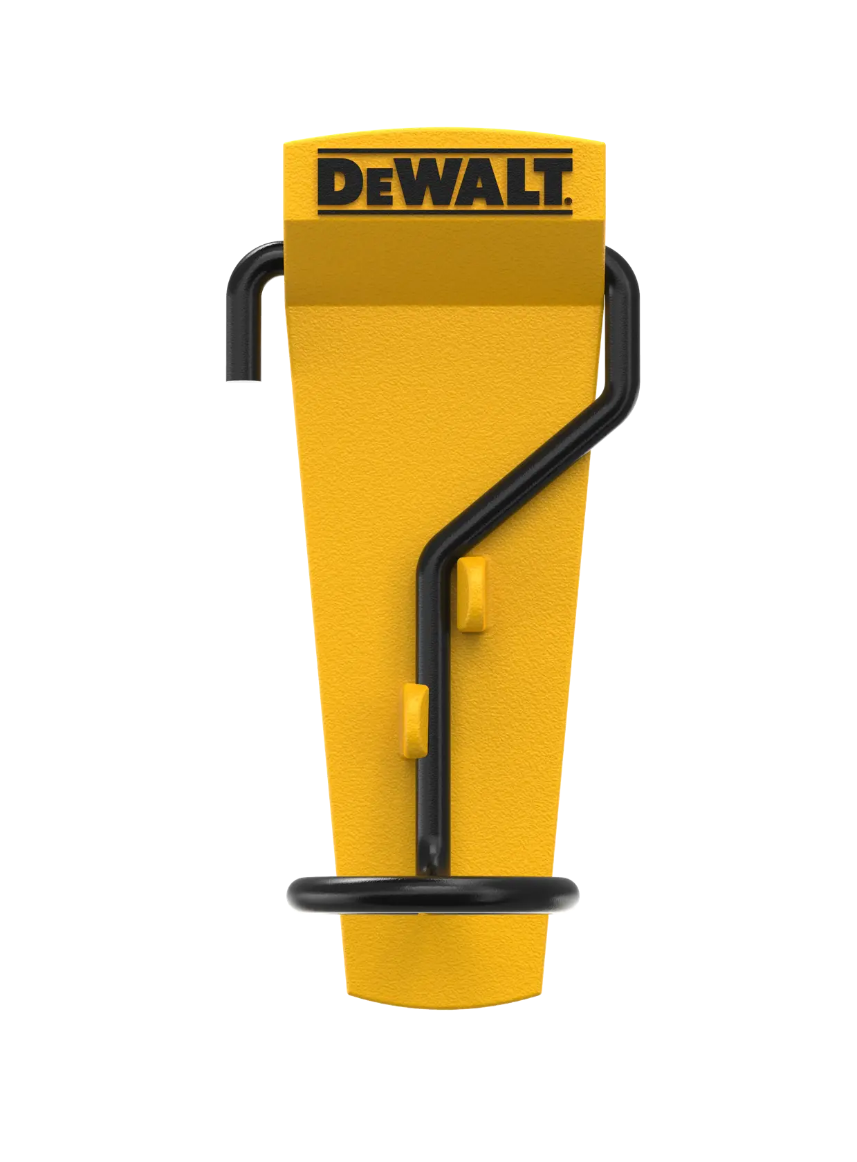 Yellow DEWALT camera holder with angled black metal hook for mounting equipment.