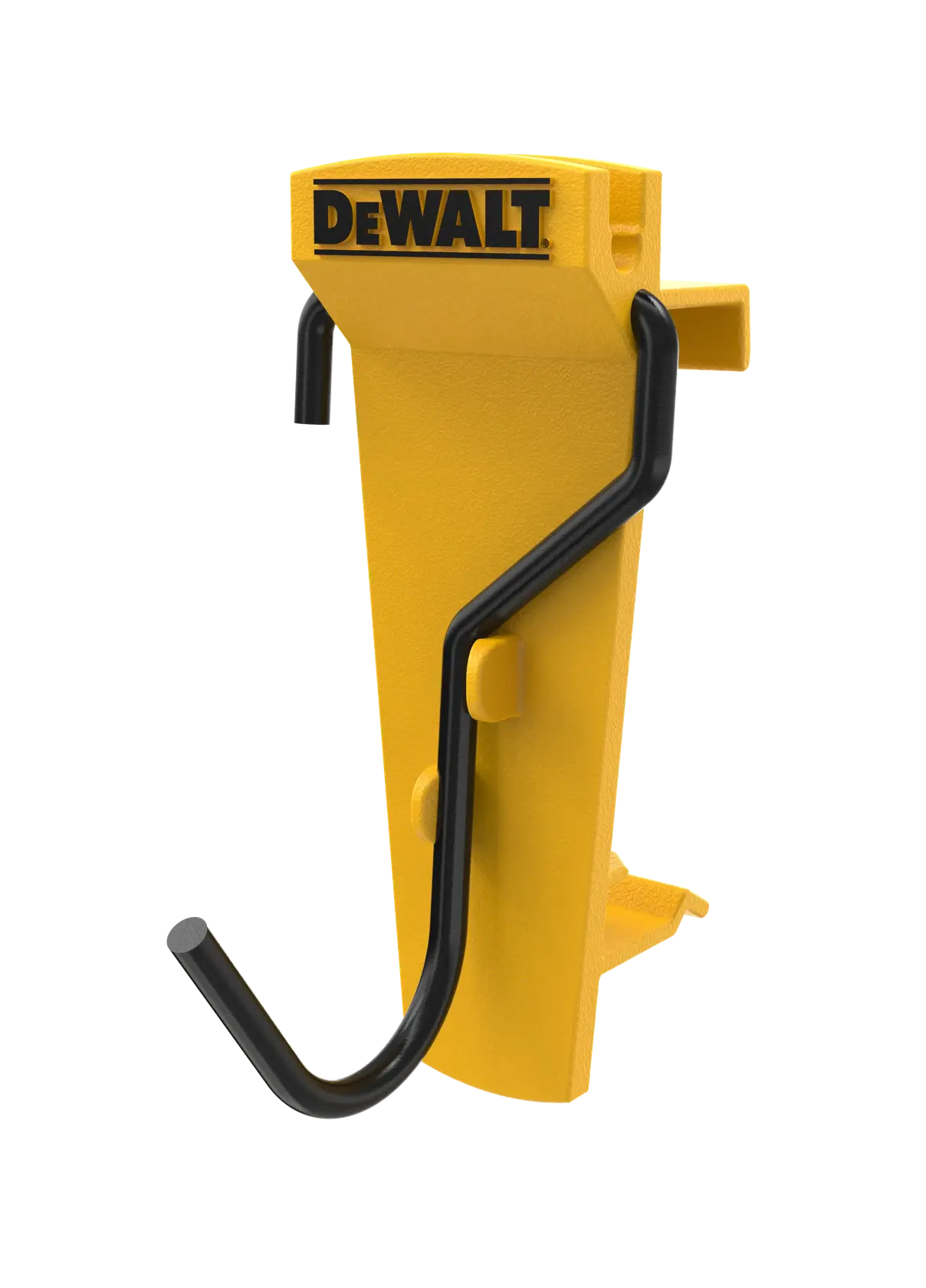 Yellow DEWALT wall hook with a black metal arm for tool or accessory storage.