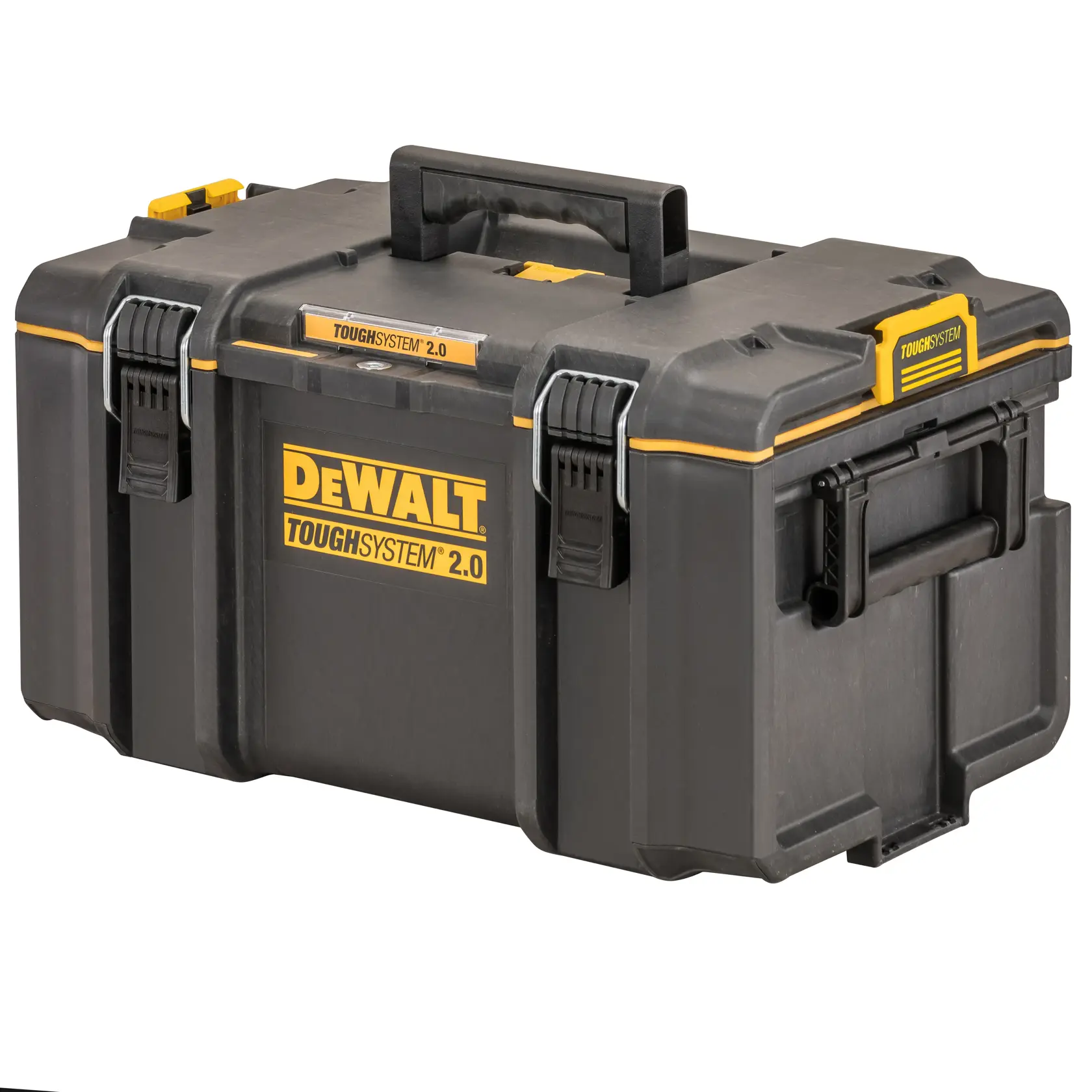 DEWALT ToughSystem 2.0 promotional graphic with the slogan 'Storage Built to Handle It' in large, bold yellow lettering on a dark, textured background.