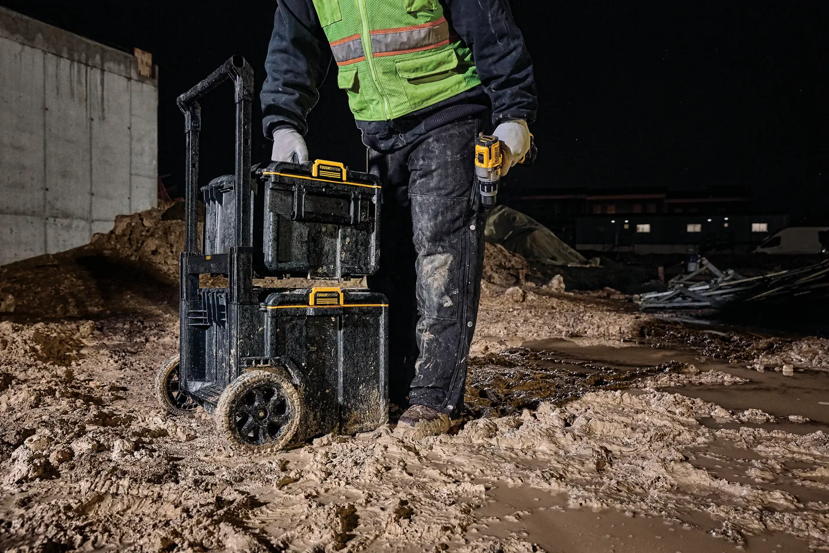 DEWALT ToughSystem 2.0 promotional graphic with the slogan 'Storage Built to Handle It' in large, bold yellow lettering on a dark, textured background.