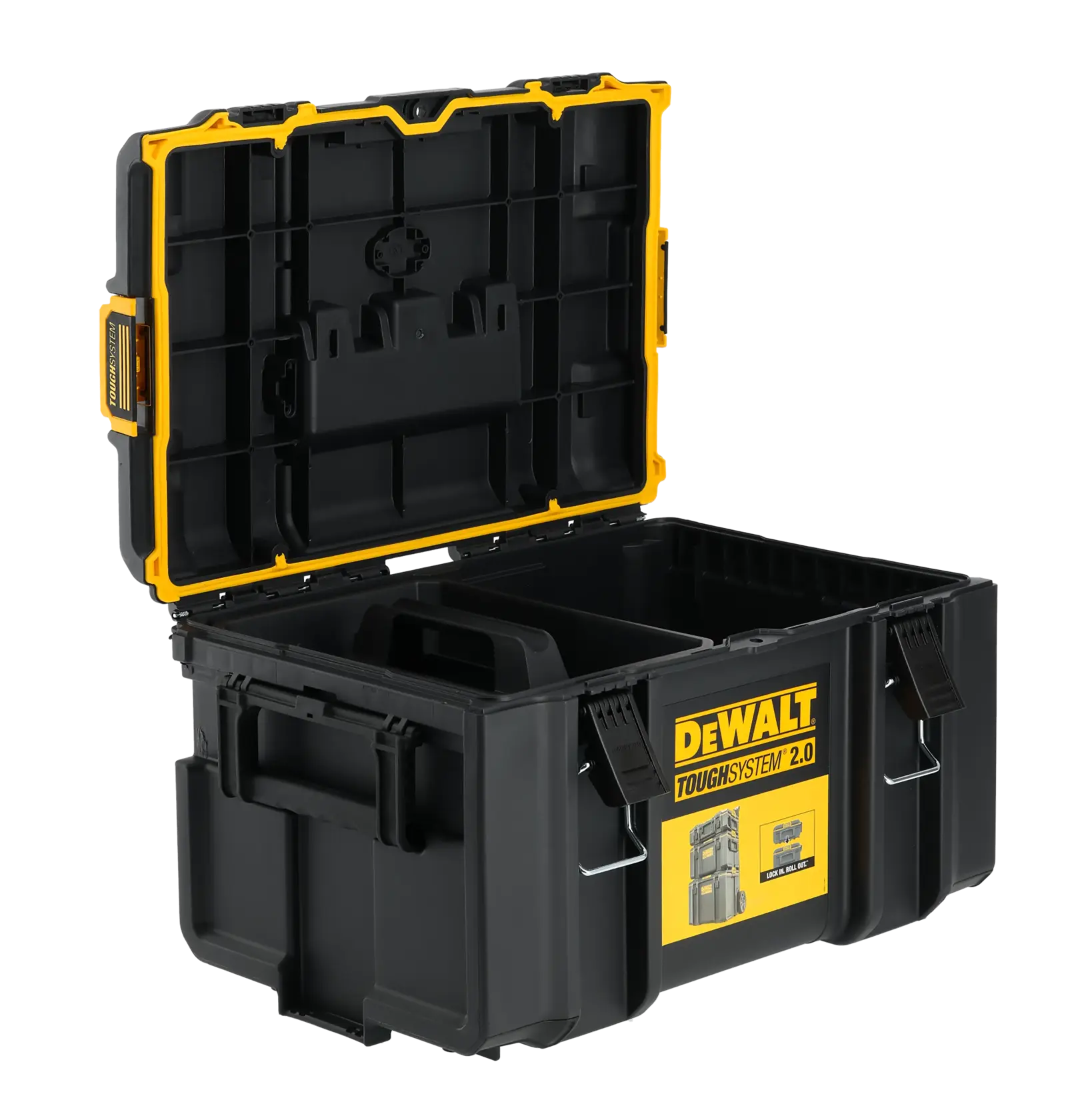 Graphique promotionnel DEWALT ToughSystem 2.0 avec le slogan 'Storage Built to Handle It' en grandes lettres jaunes sur un fond sombre texturé.