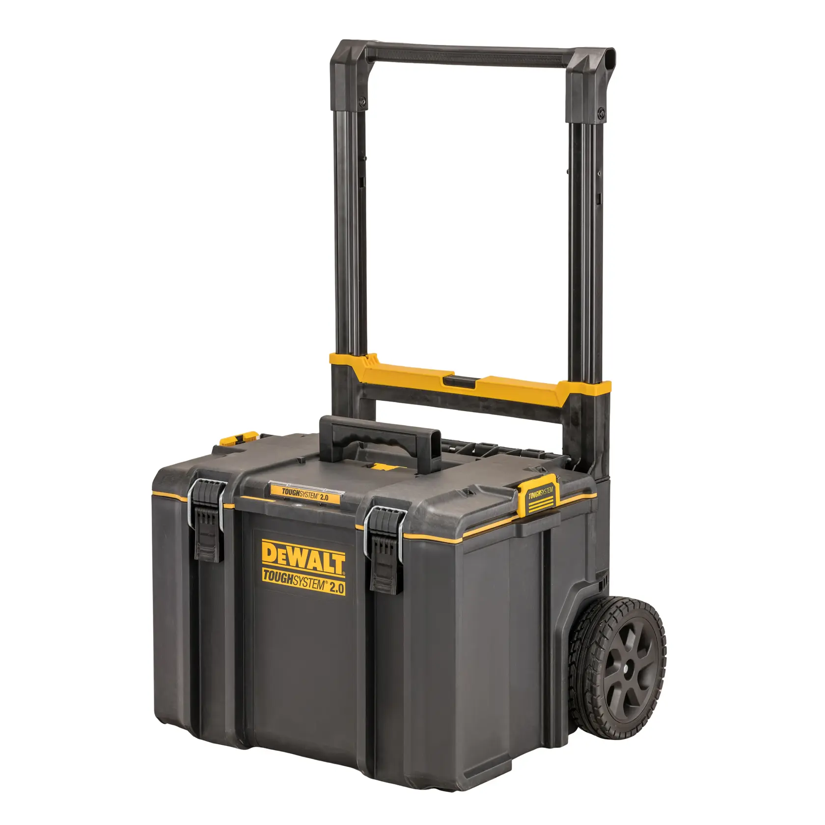 DEWALT ToughSystem 2.0 promotional graphic with the slogan 'Storage Built to Handle It' in large, bold yellow lettering on a dark, textured background.