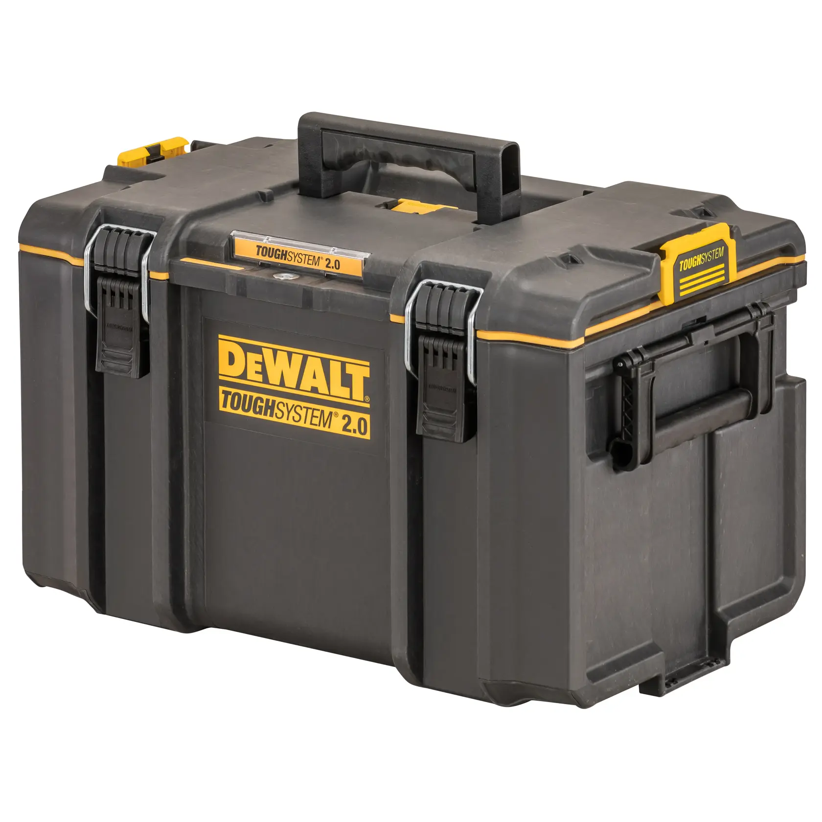 DEWALT ToughSystem 2.0 black toolbox with handles and latches for secure storage and transport.