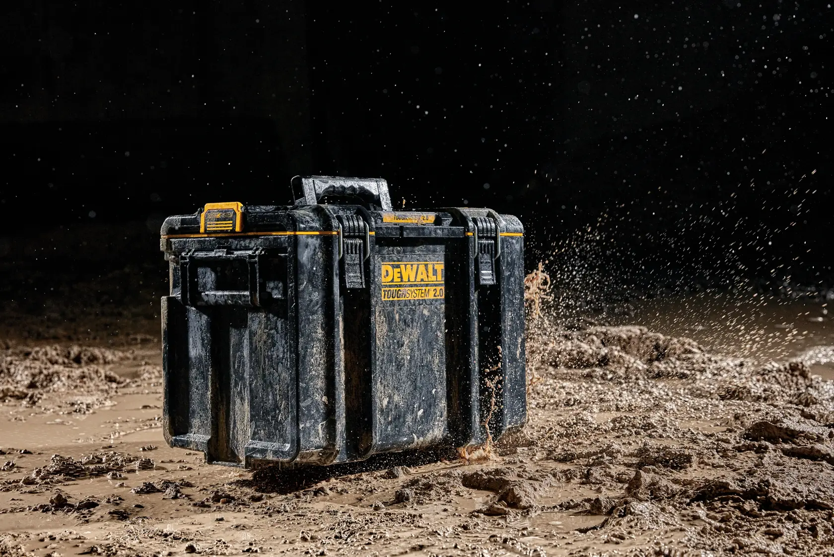 DEWALT ToughSystem 2.0 promotional graphic with the slogan 'Storage Built to Handle It' in large, bold yellow lettering on a dark, textured background.