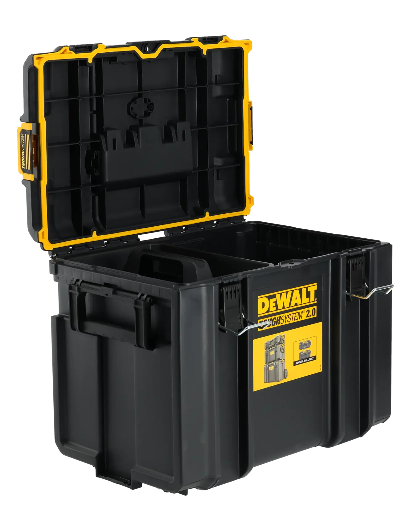 Graphique promotionnel DEWALT ToughSystem 2.0 avec le slogan 'Storage Built to Handle It' en grandes lettres jaunes sur un fond sombre texturé.