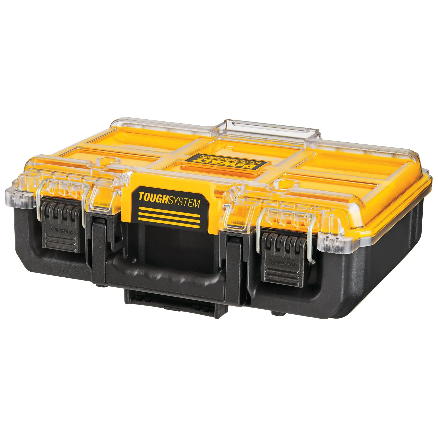 DEWALT ToughSystem 2.0 promotional graphic with the slogan 'Storage Built to Handle It' in large, bold yellow lettering on a dark, textured background.