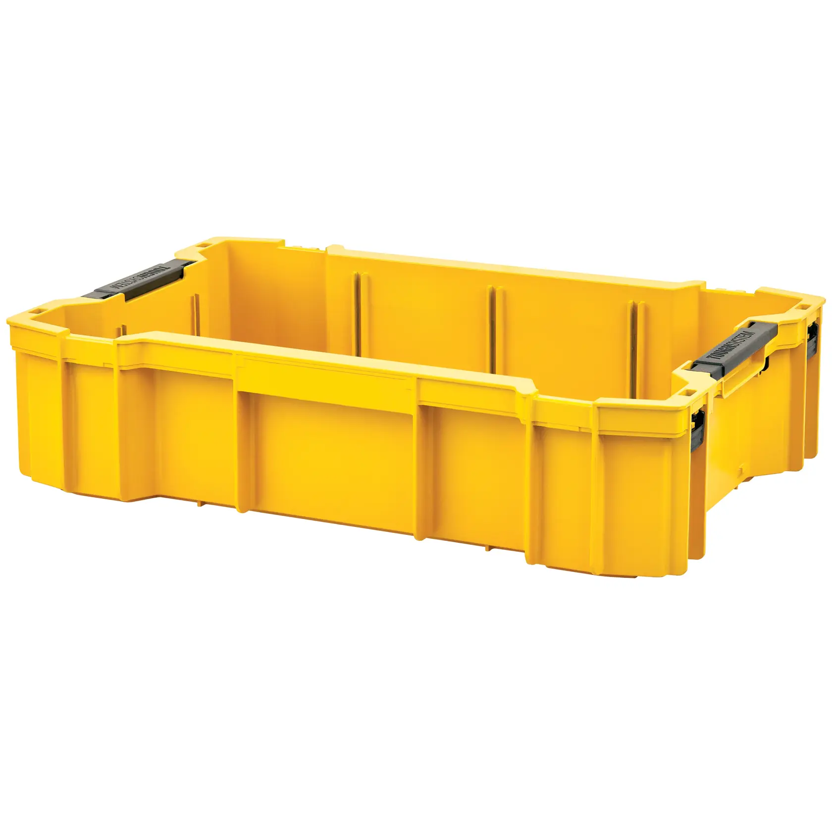 Yellow DEWALT plastic tool storage box with black handles, rectangular and stackable, shown empty.