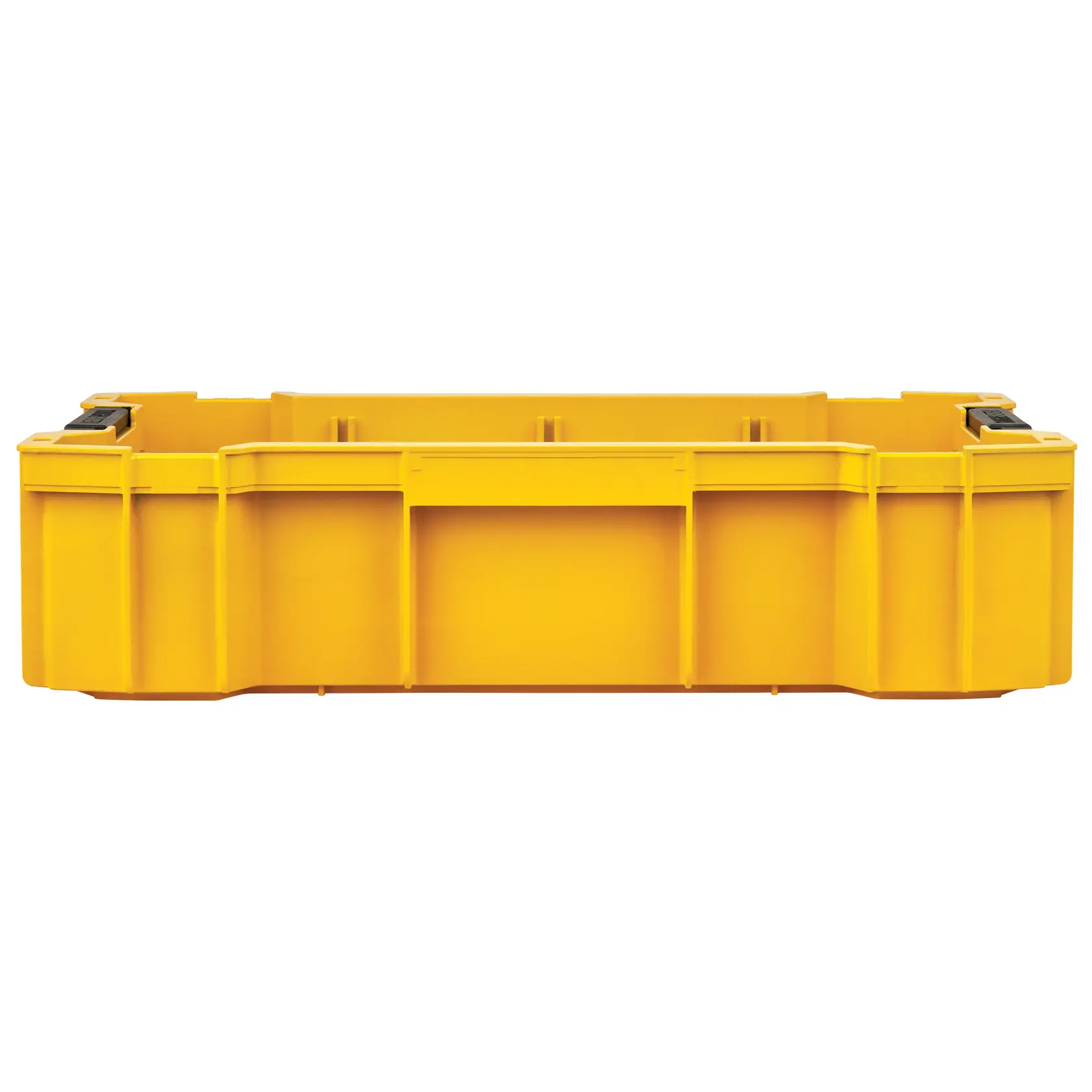 Graphique promotionnel DEWALT ToughSystem 2.0 avec le slogan 'Storage Built to Handle It' en grandes lettres jaunes sur un fond sombre texturé.