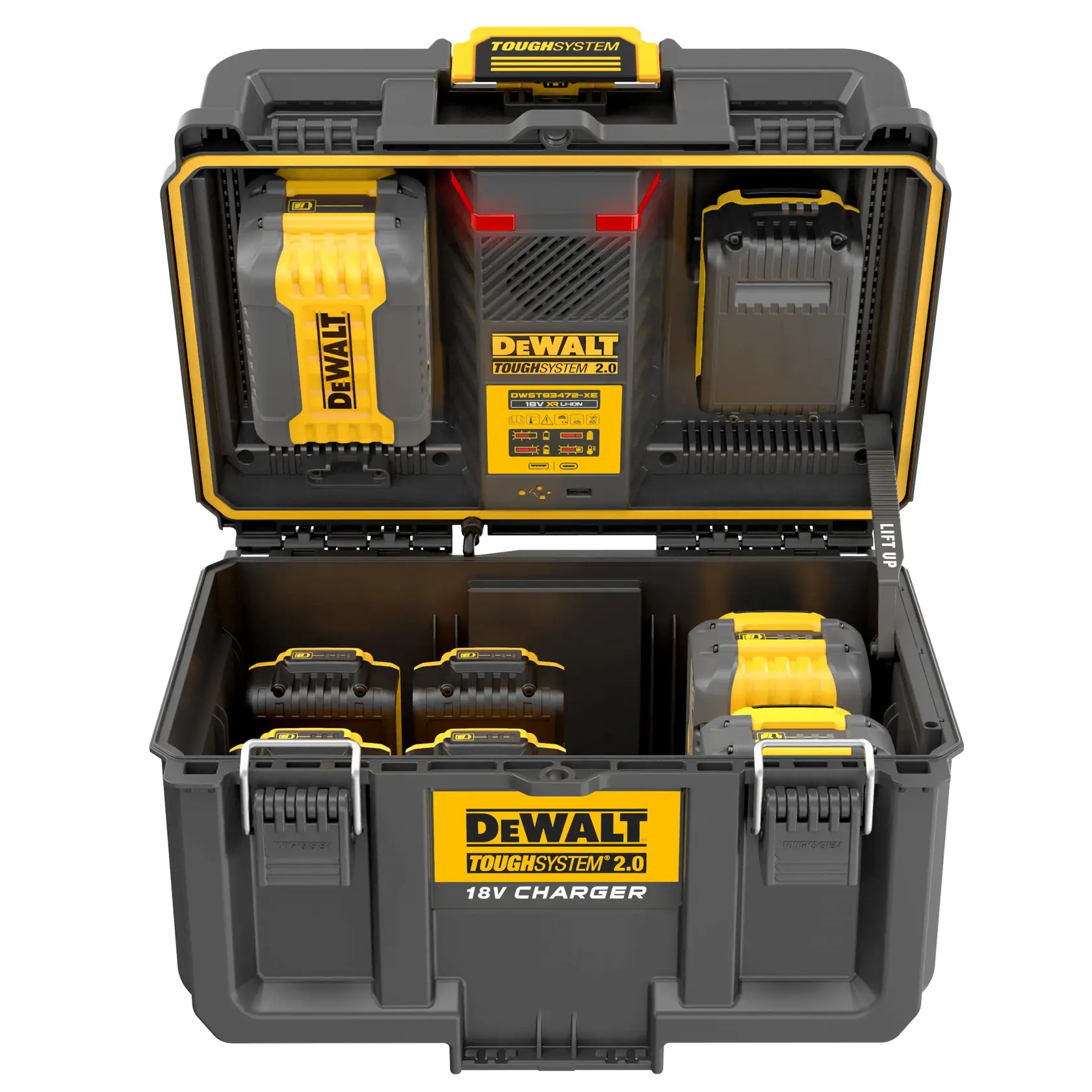 DEWALT ToughSystem 2.0 Ladegerät-Box mit mehreren Batterieschächten und gelb-schwarzem Design.