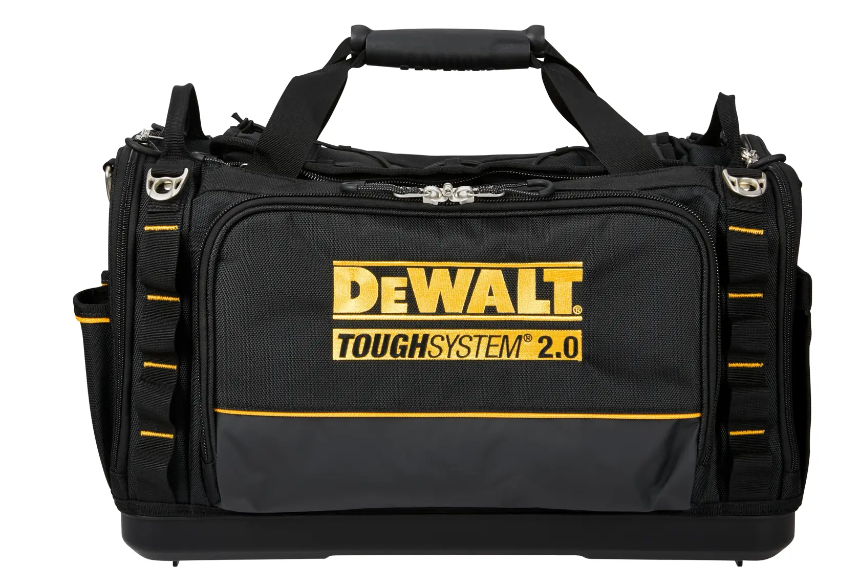 DEWALT ToughSystem 2.0 Werkzeugtasche in Schwarz mit gelben Details und mehreren Staufächern.