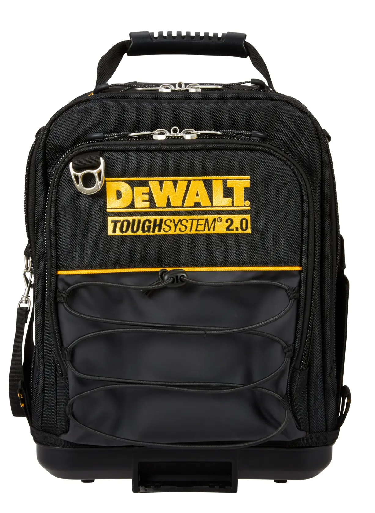 DEWALT ToughSystem 2.0 schwarzer Rucksack mit gelbem Logo und mehreren Reißverschlussfächern.