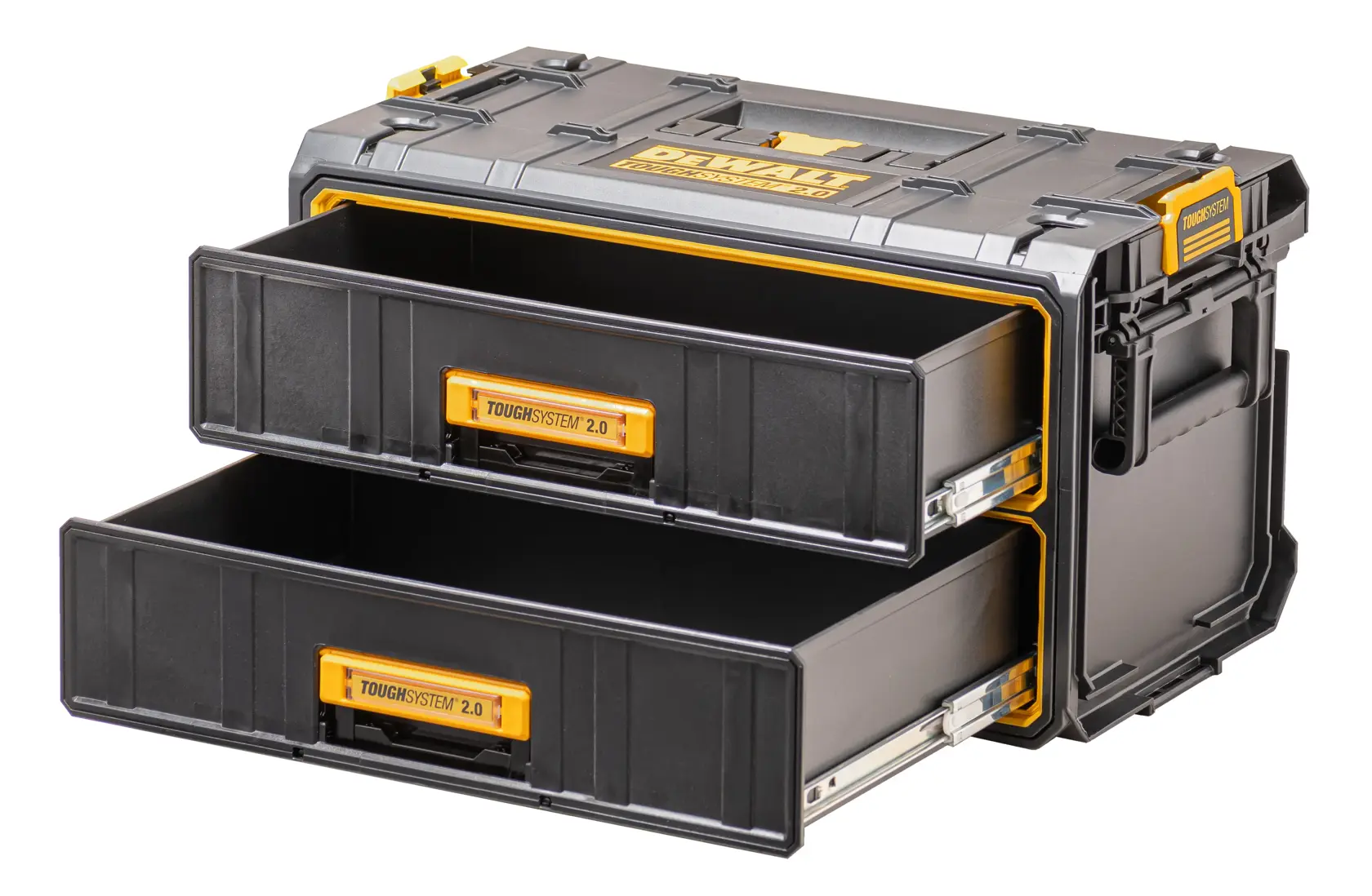 DEWALT ToughSystem 2.0 promotional graphic with the slogan 'Storage Built to Handle It' in large, bold yellow lettering on a dark, textured background.
