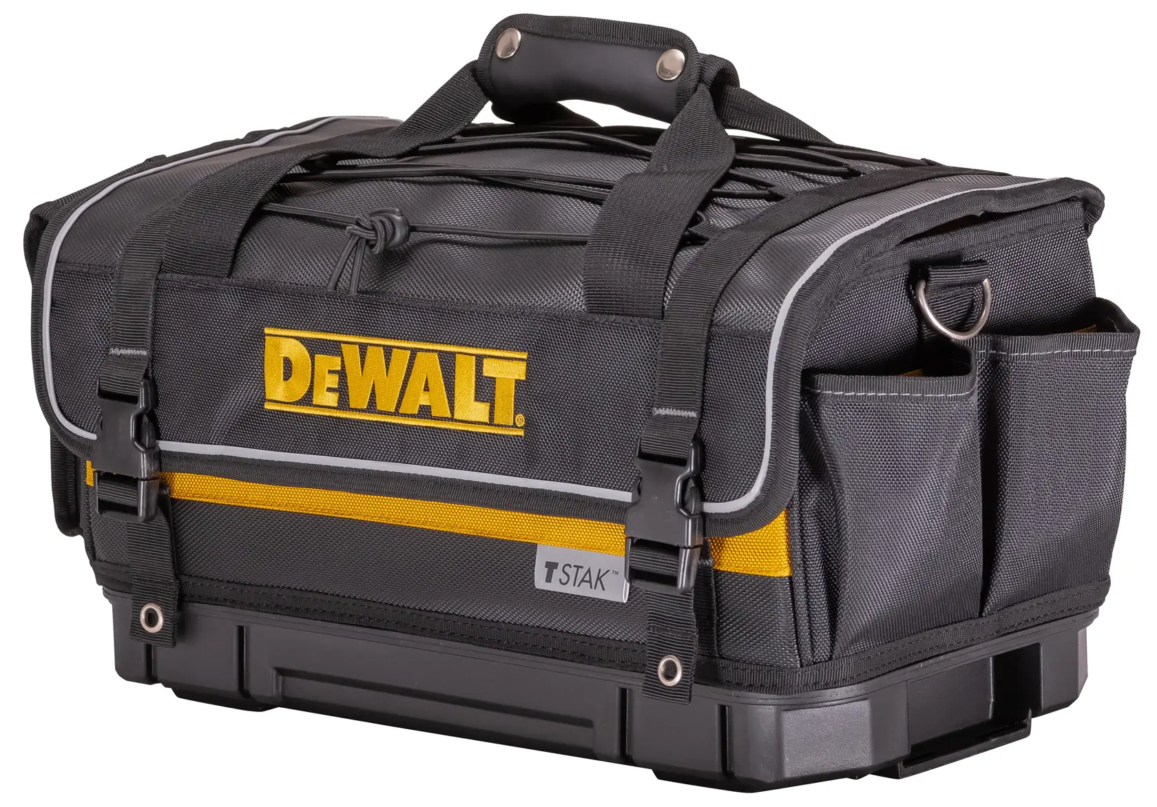 Black DEWALT tool bag with yellow accent, handle, and outer pockets. TSTAK label visible at the front.