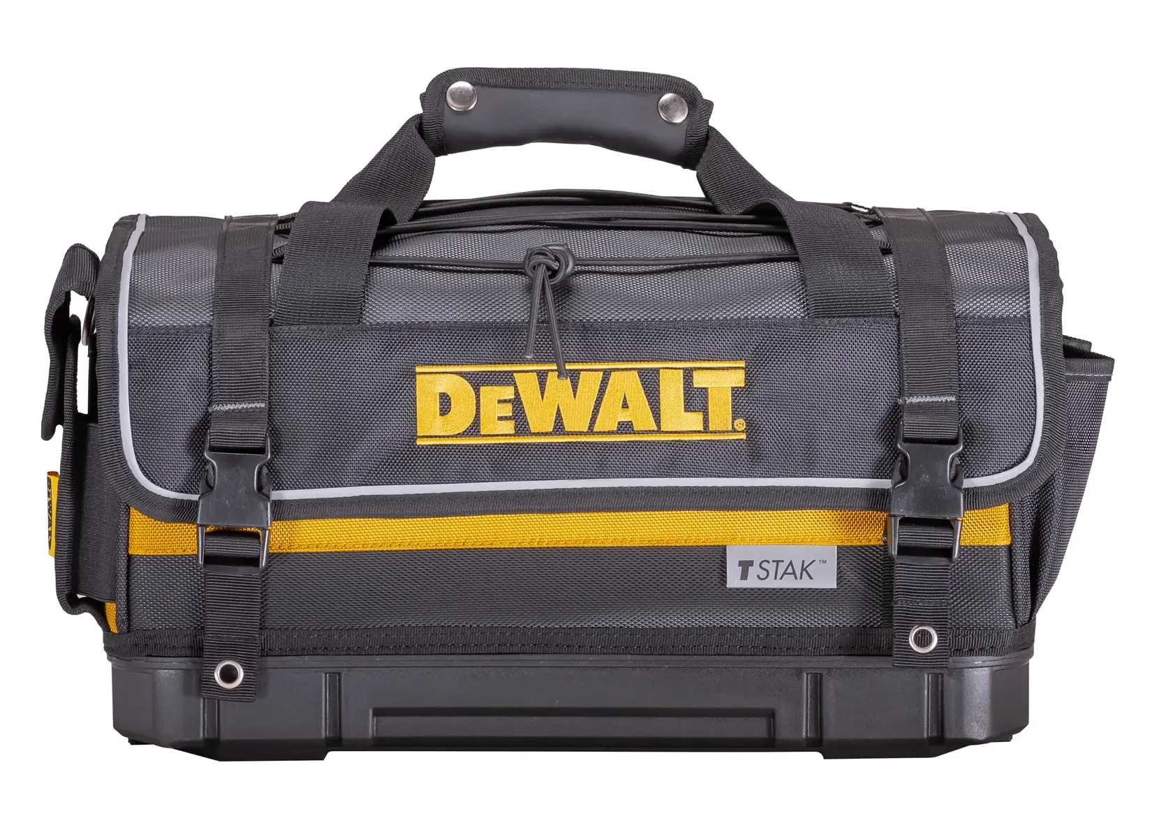 DEWALT TSTAK black and yellow tool bag with sturdy handle and front logo, suitable for carrying equipment.