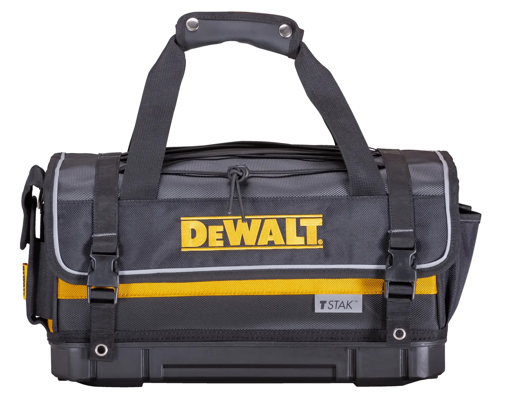 Black DEWALT TSTAK tool bag with yellow accents and handle, suitable for carrying and organizing tools.