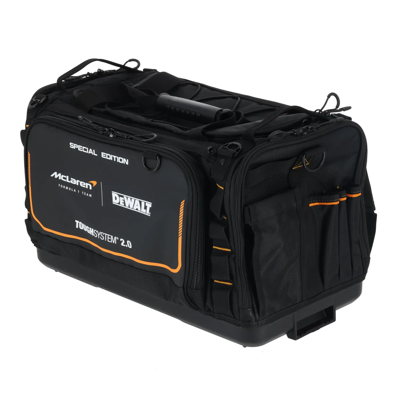 Black DEWALT ToughSystem 2.0 tool bag, McLaren special edition with orange accents and multiple pockets.