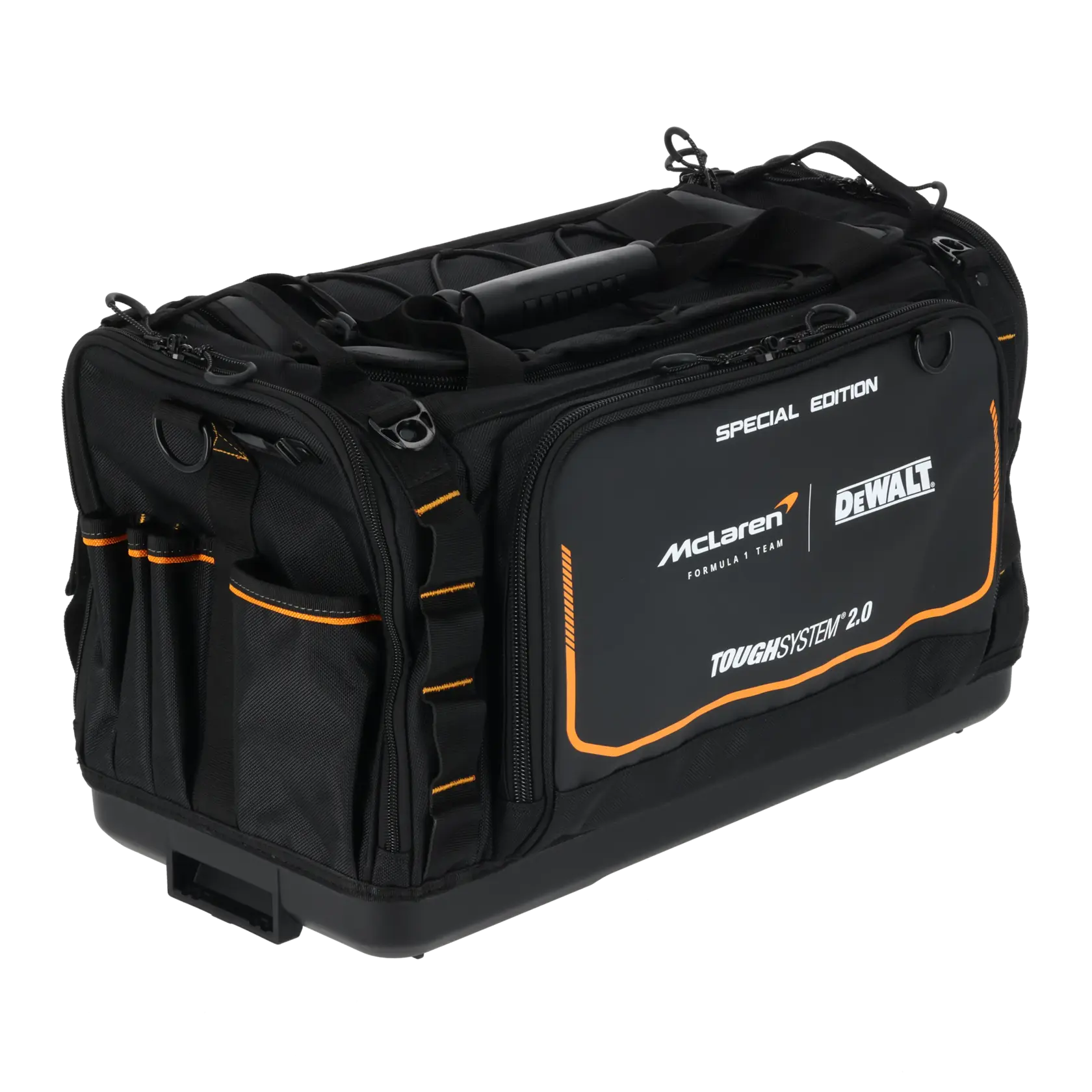Black DEWALT and McLaren branded tool bag with multiple pockets, handle, and ToughSystem 2.0 label.