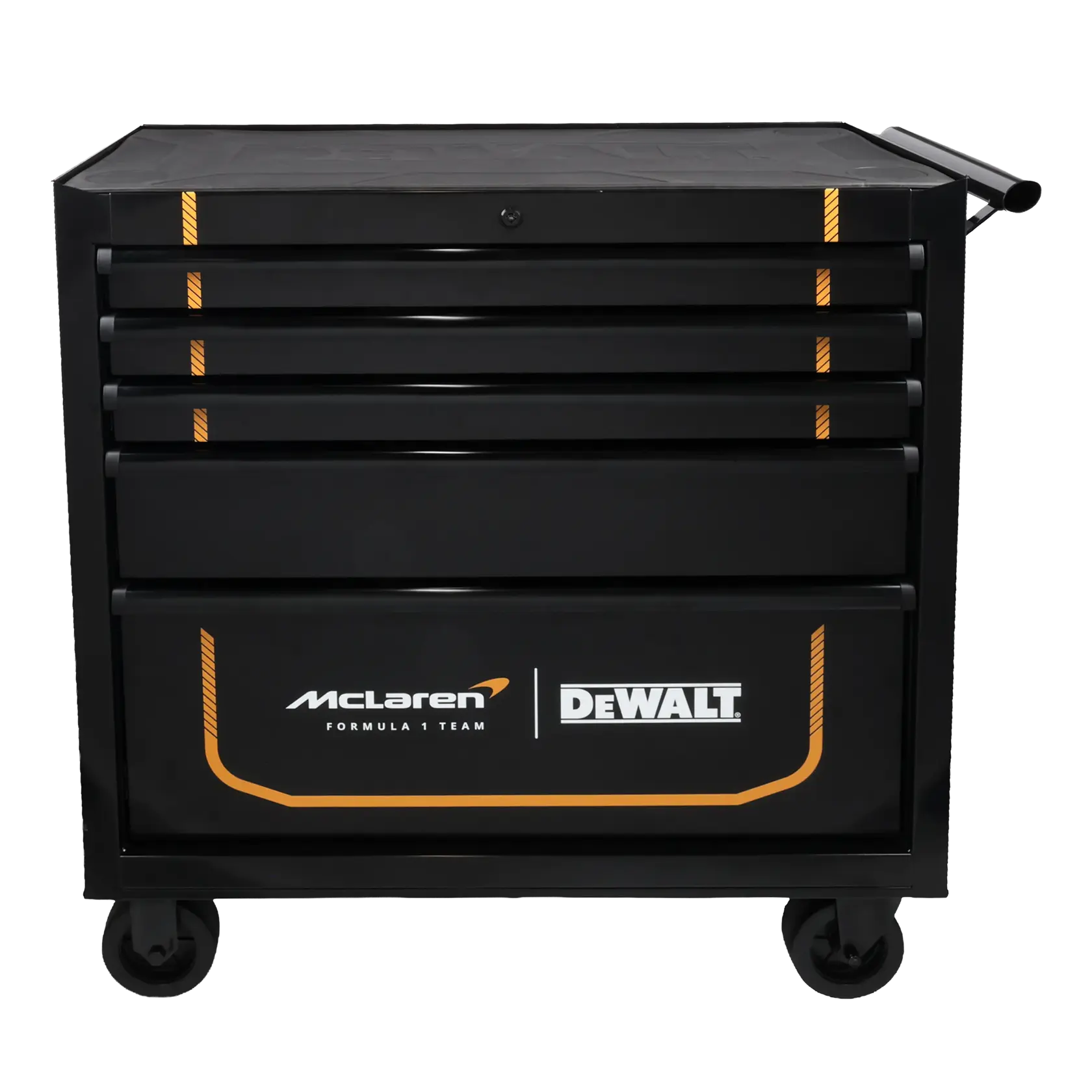 Black DEWALT tool chest on wheels with McLaren branding and multiple drawers for storage.