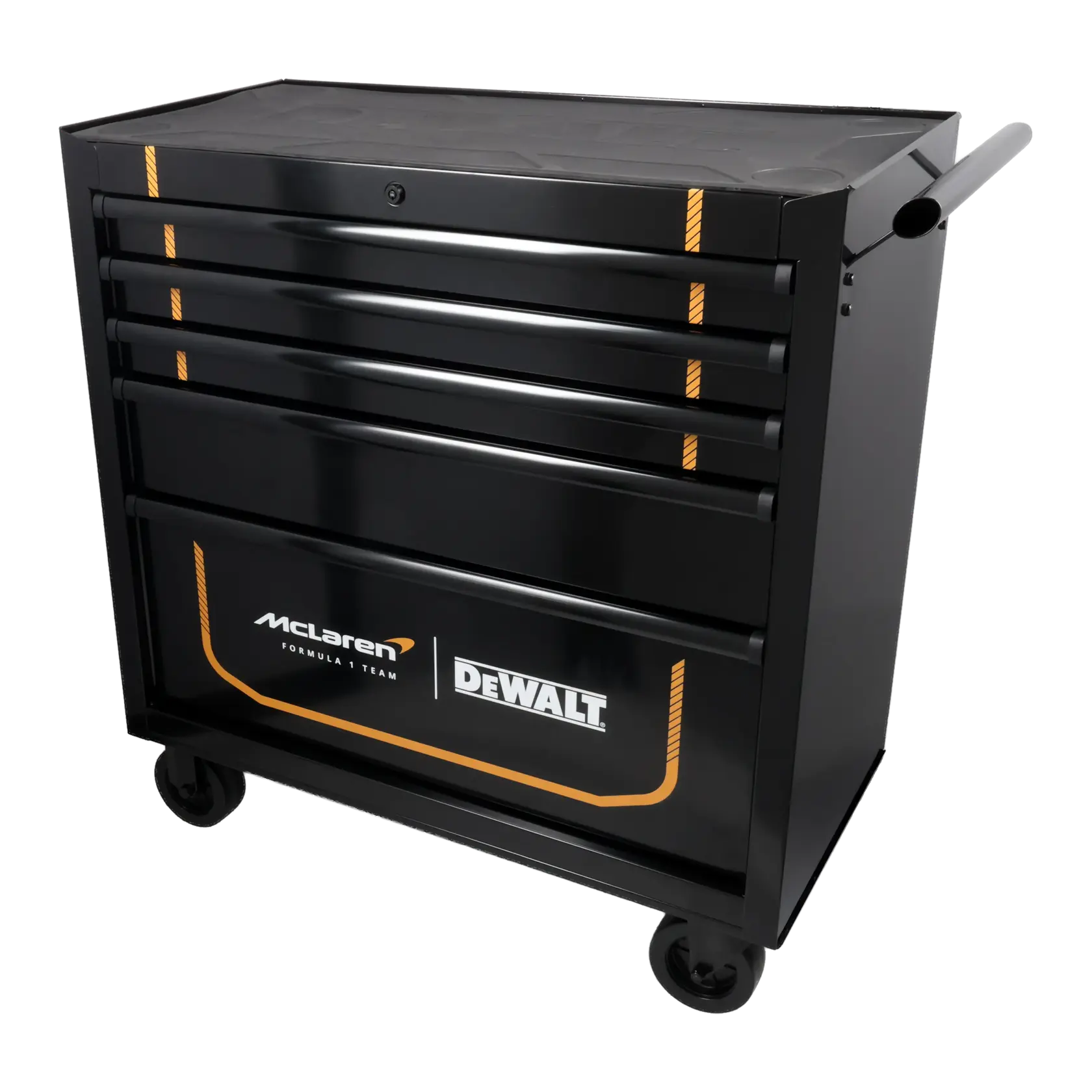 Black Dewalt tool chest with McLaren branding, several drawers, wheels, and handle for mobility.