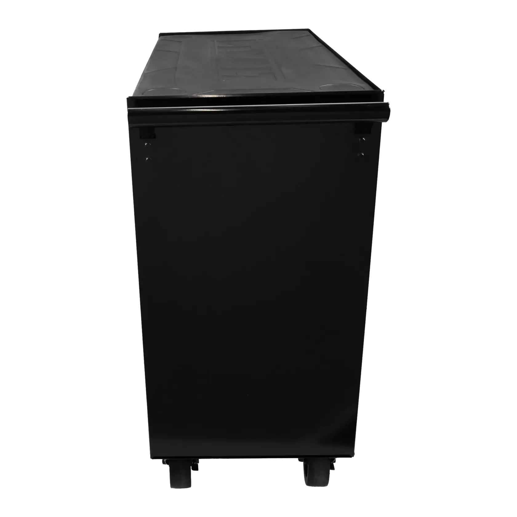 Side view of a black rolling tool chest with a flat lid and wheels, shown against a white background.